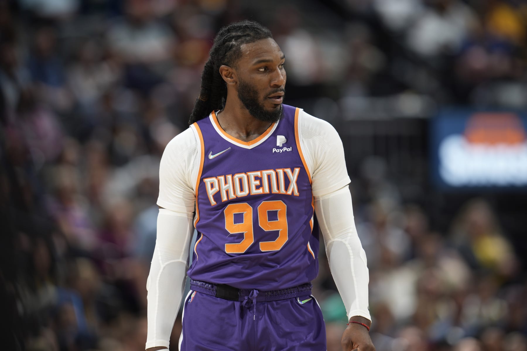Phoenix Suns forward Jae Crowder (99) in the first half of an NBA basketball game Thursday, March 24, 2022, in Denver. (AP Photo/David Zalubowski)