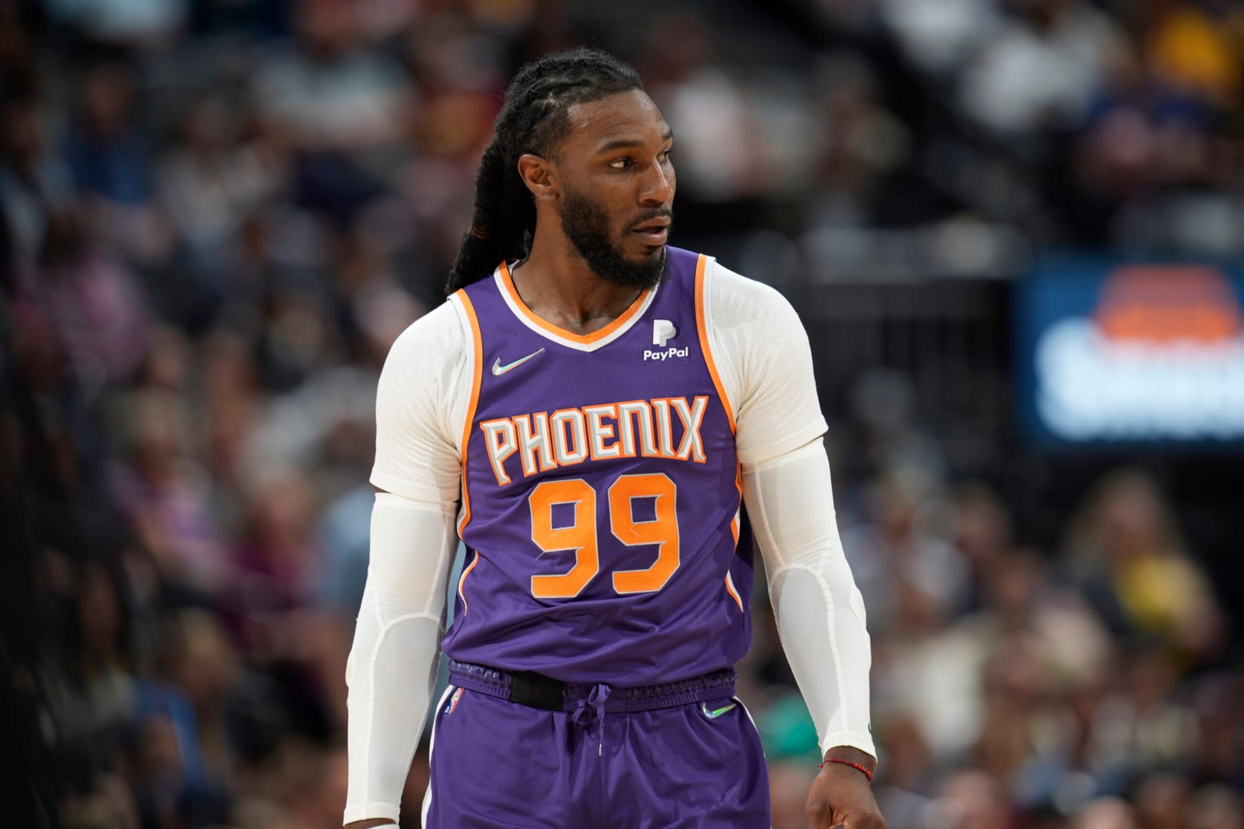 Phoenix Suns forward Jae Crowder (99) in the first half of an NBA basketball game Thursday, March 24, 2022, in Denver. (AP Photo/David Zalubowski)