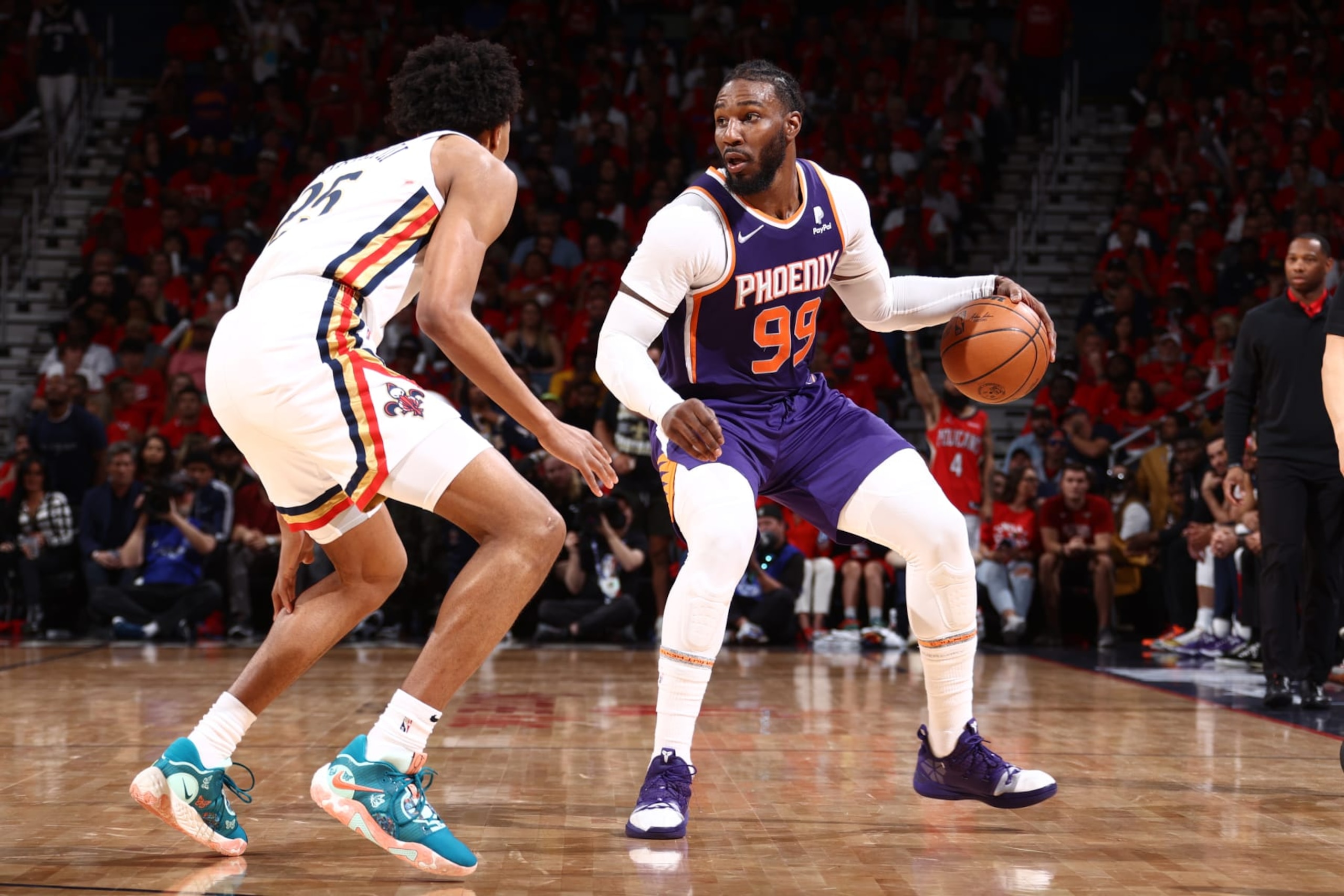 NEW ORLEANS, LA - APRIL 28: Jae Crowder #99 of the Phoenix Suns dribbles the ball against the New Orleans Pelicans during Round 1 Game 6 of the 2022 NBA Playoffs on April 28, 2022 at the Smoothie King Center in New Orleans, Louisiana. NOTE TO USER: User expressly acknowledges and agrees that, by downloading and or using this Photograph, user is consenting to the terms and conditions of the Getty Images License Agreement. Mandatory Copyright Notice: Copyright 2022 NBAE (Photo by Ned Dishman/NBAE via Getty Images)