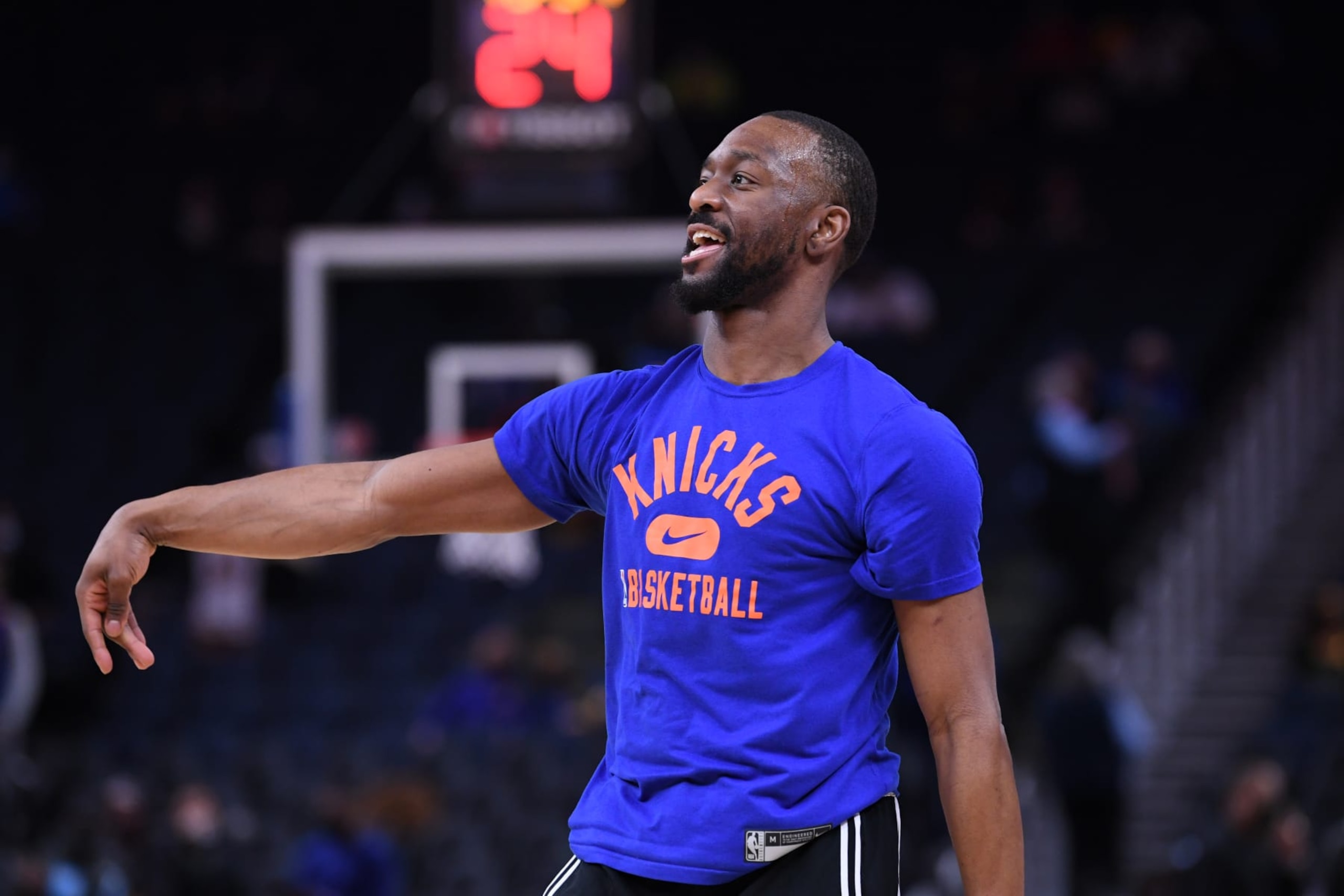 SAN FRANCISCO, CA - FEBRUARY 10: Kemba Walker #8 of the New York Knicks warms up before the game against the Golden State Warriors on FEBRUARY 10, 2022 at Chase Center in San Francisco, California. NOTE TO USER: User expressly acknowledges and agrees that, by downloading and or using this photograph, user is consenting to the terms and conditions of Getty Images License Agreement. Mandatory Copyright Notice: Copyright 2022 NBAE (Photo by Noah Graham/NBAE via Getty Images)