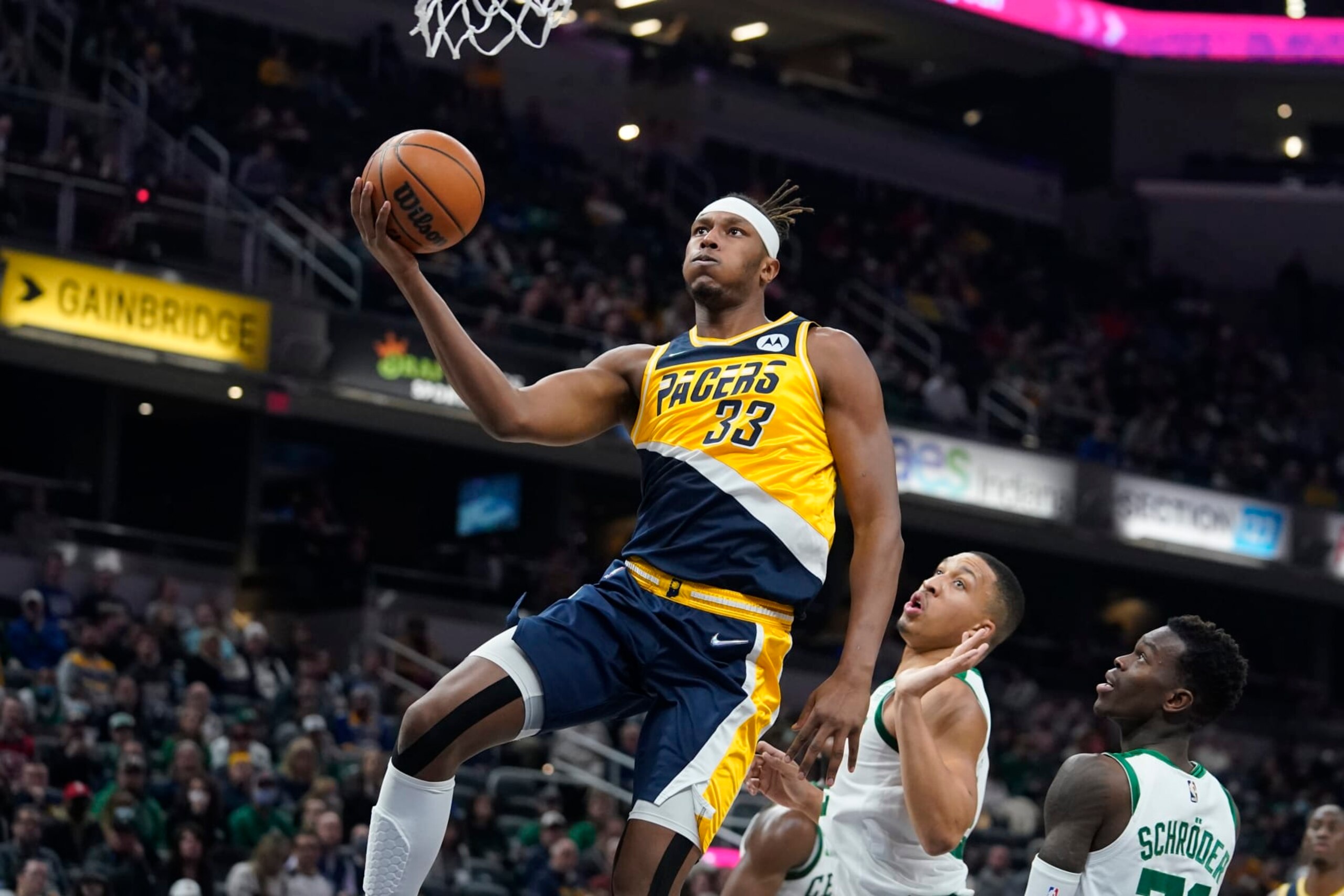Indiana Pacers center Myles Turner (33) shoots during the first half of an NBA basketball game against the Boston Celtics, Wednesday, Jan. 12, 2022, in Indianapolis. (AP Photo/Darron Cummings) Indiana Pacers center Myles Turner (33) shoots during the first half of an NBA basketball game against the Boston Celtics, Wednesday, Jan. 12, 2022, in Indianapolis. (AP Photo/Darron Cummings)