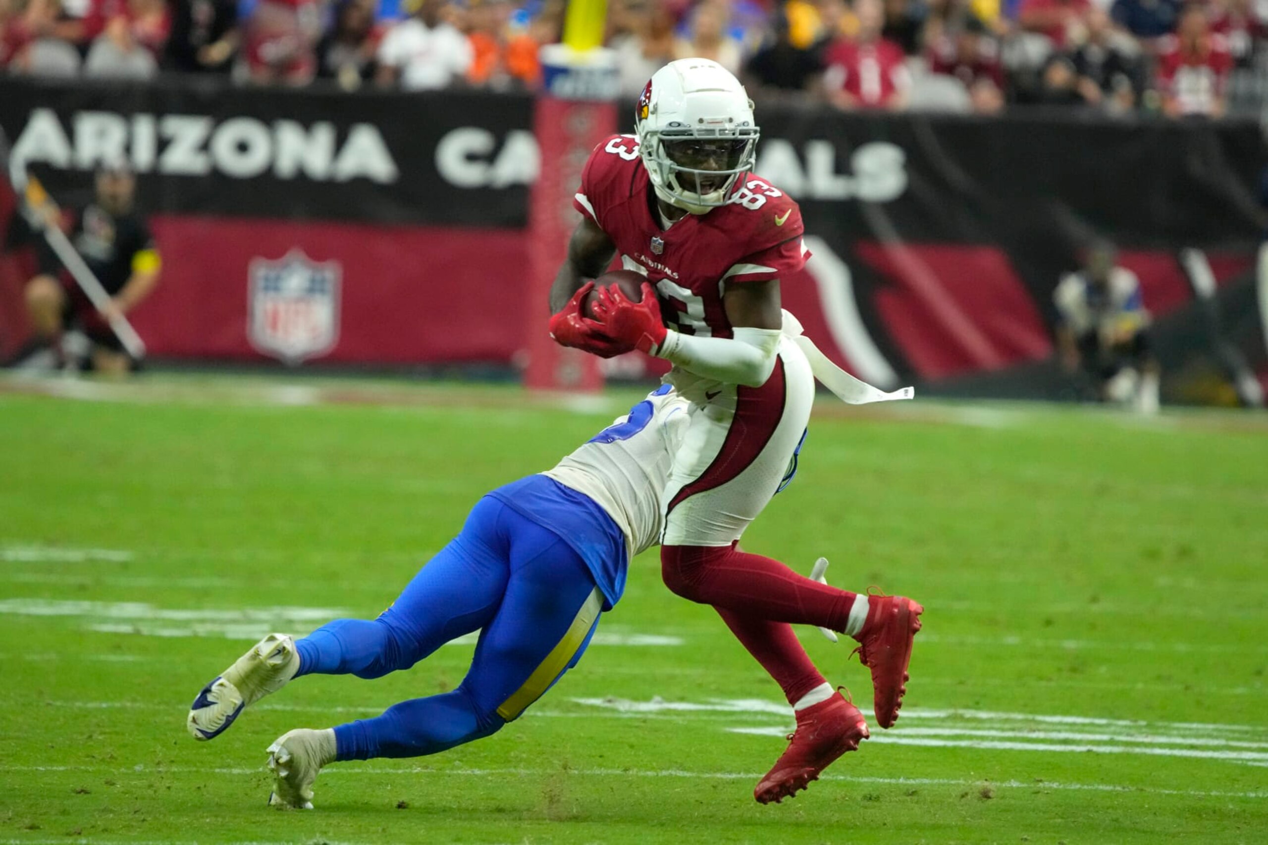 Arizona Cardinals wide receiver Greg Dortch (83) during the first half of an NFL football game against the Los Angeles Rams, Sunday, Sept. 25, 2022, in Glendale, Ariz. (AP Photo/Rick Scuteri)