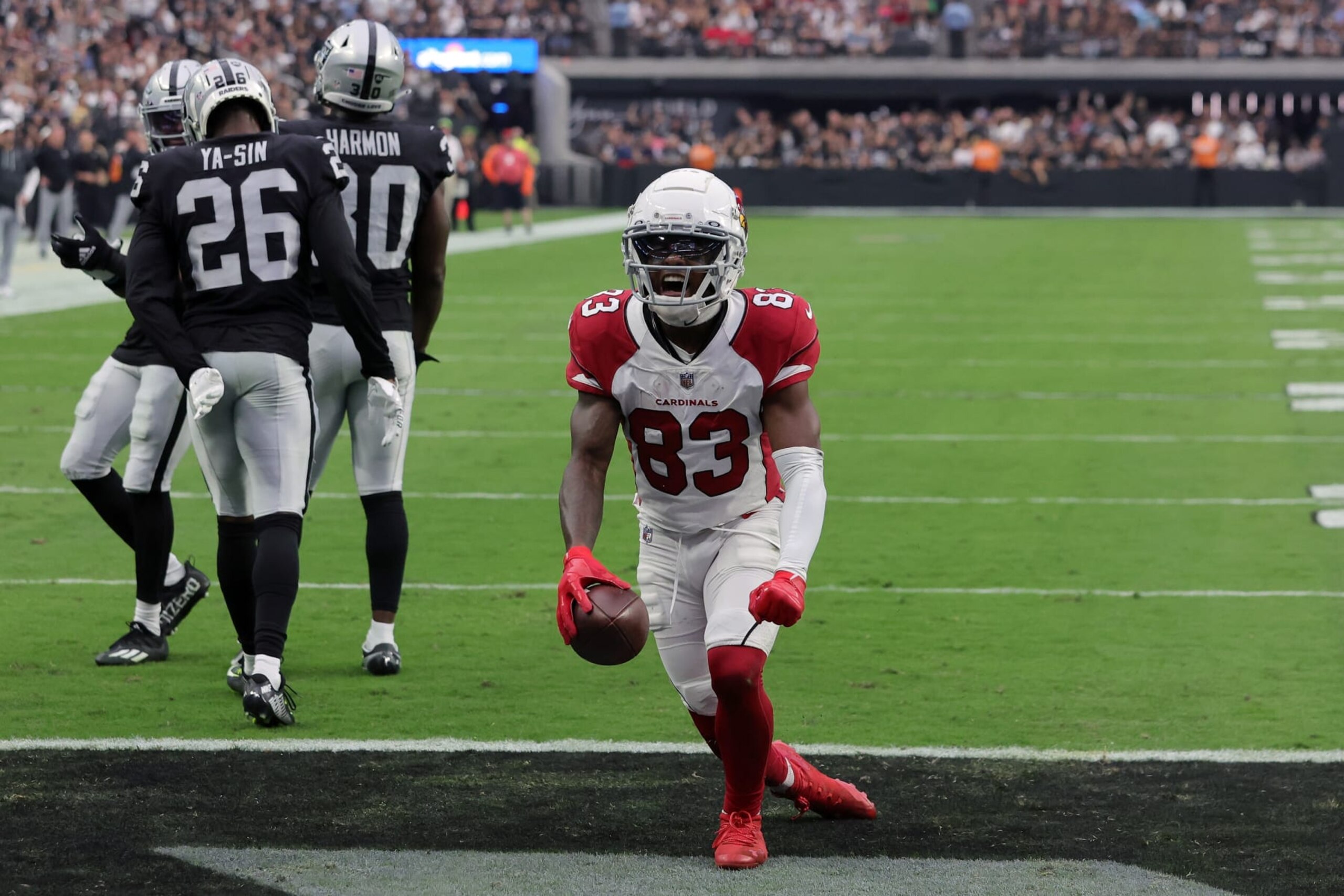 LAS VEGAS, NEVADA - SEPTEMBER 18: Greg Dortch #83 of the Arizona Cardinals celebrates a touchdown in the third quarter against the Las Vegas Raiders at Allegiant Stadium on September 18, 2022 in Las Vegas, Nevada. (Photo by Ethan Miller/Getty Images)