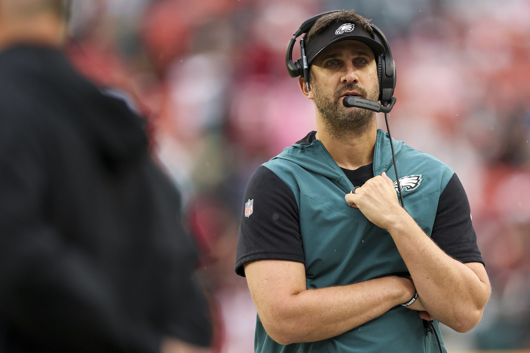 LANDOVER, MARYLAND - SEPTEMBER 25: Head coach Nick Sirianni of the Philadelphia Eagles watches his team play against the Washington Commanders at FedExField on September 25, 2022 in Landover, Maryland. (Photo by Patrick Smith/Getty Images)