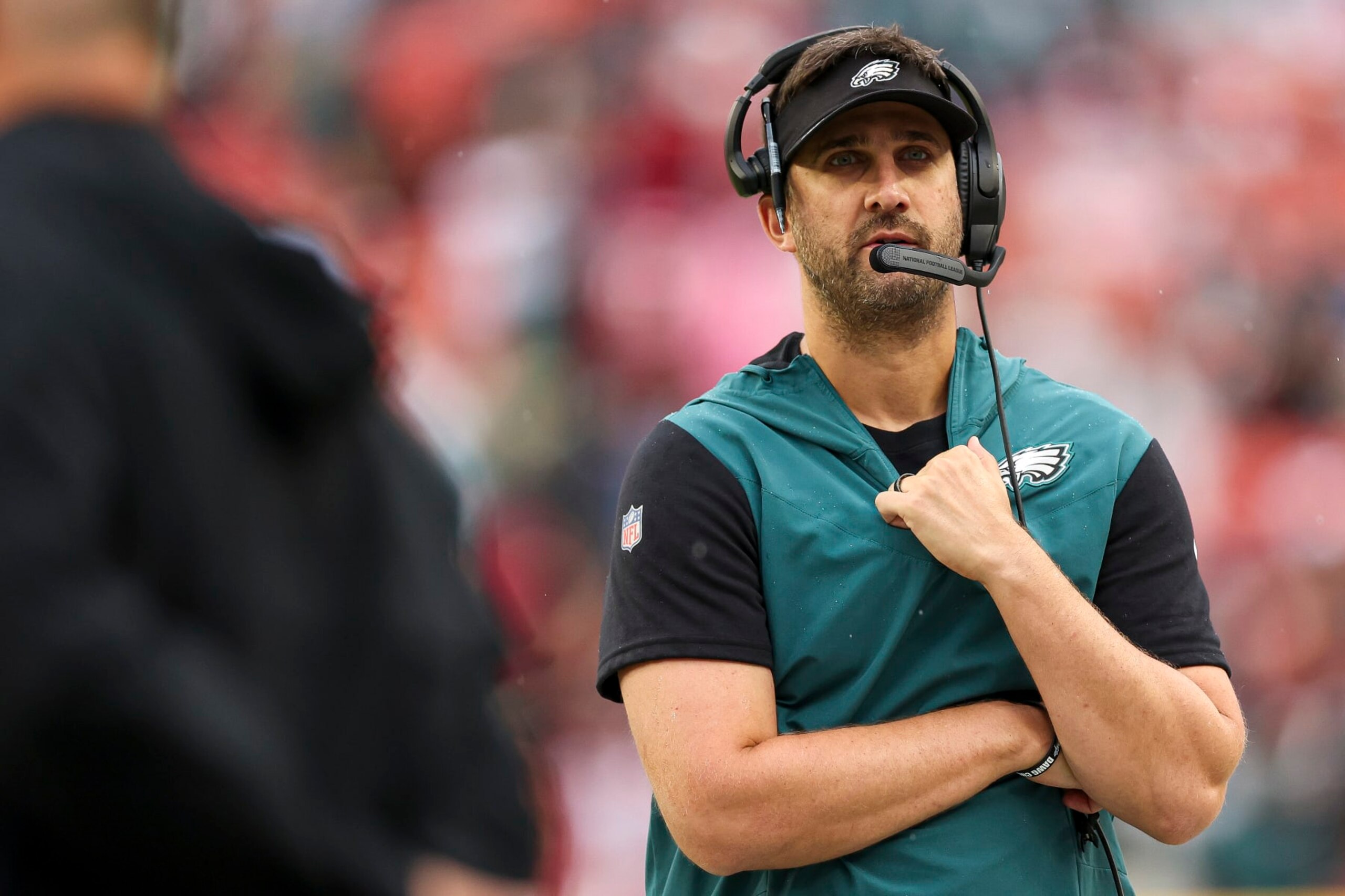 LANDOVER, MARYLAND - SEPTEMBER 25: Head coach Nick Sirianni of the Philadelphia Eagles watches his team play against the Washington Commanders at FedExField on September 25, 2022 in Landover, Maryland. (Photo by Patrick Smith/Getty Images)