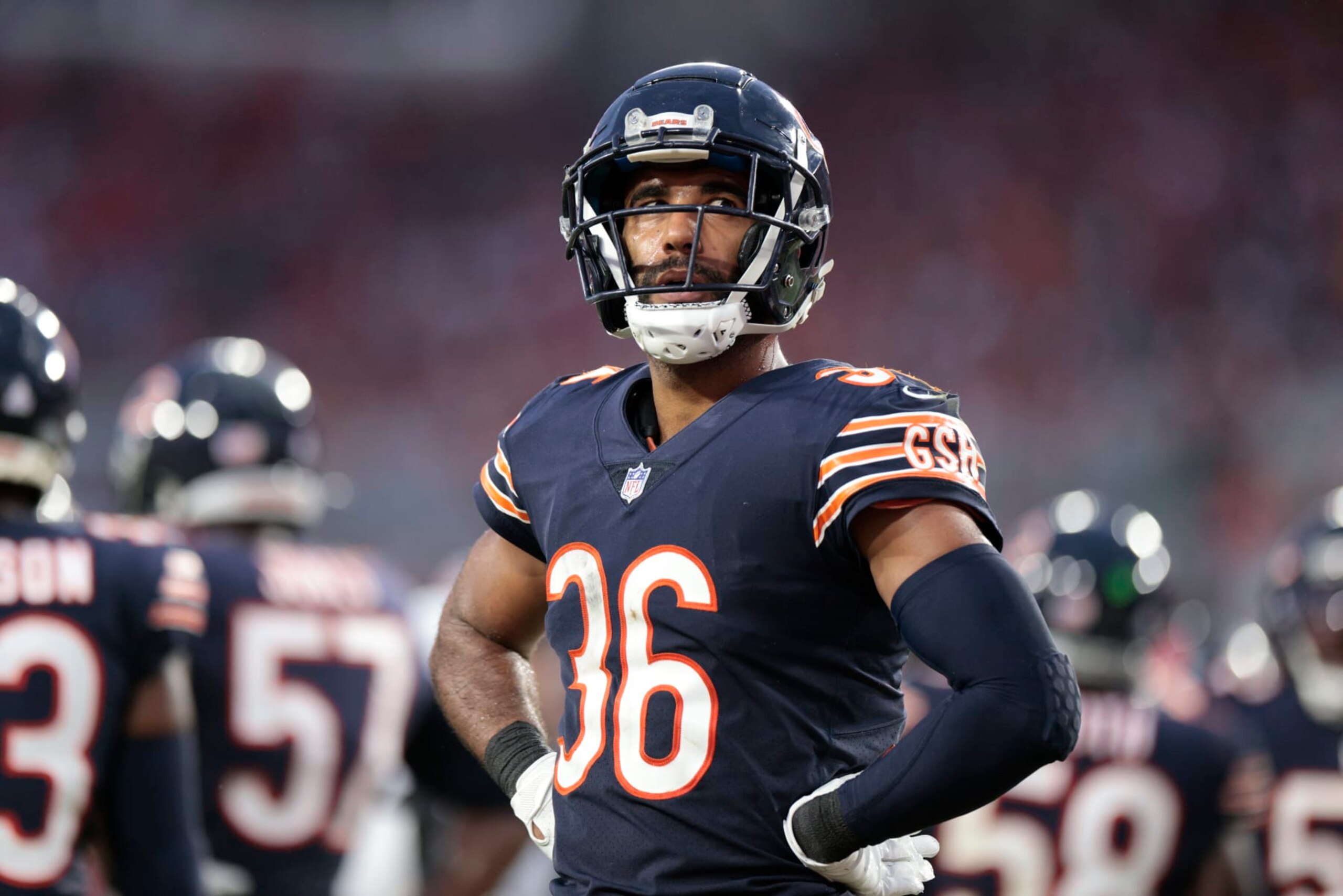 TAMPA, FLORIDA - OCTOBER 24: DeAndre Houston-Carson #36 of the Chicago Bears looks on during the third quarter against the Tampa Bay Buccaneers at Raymond James Stadium on October 24, 2021 in Tampa, Florida. (Photo by Douglas P. DeFelice/Getty Images)
