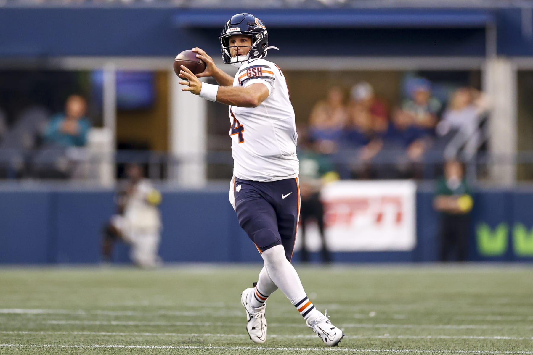 SEATTLE, WASHINGTON - AUGUST 18: Nathan Peterman #14 of the Chicago Bears throws a pass in the fourth quarter during the preseason game against the Seattle Seahawks at Lumen Field on August 18, 2022 in Seattle, Washington. (Photo by Steph Chambers/Getty Images)