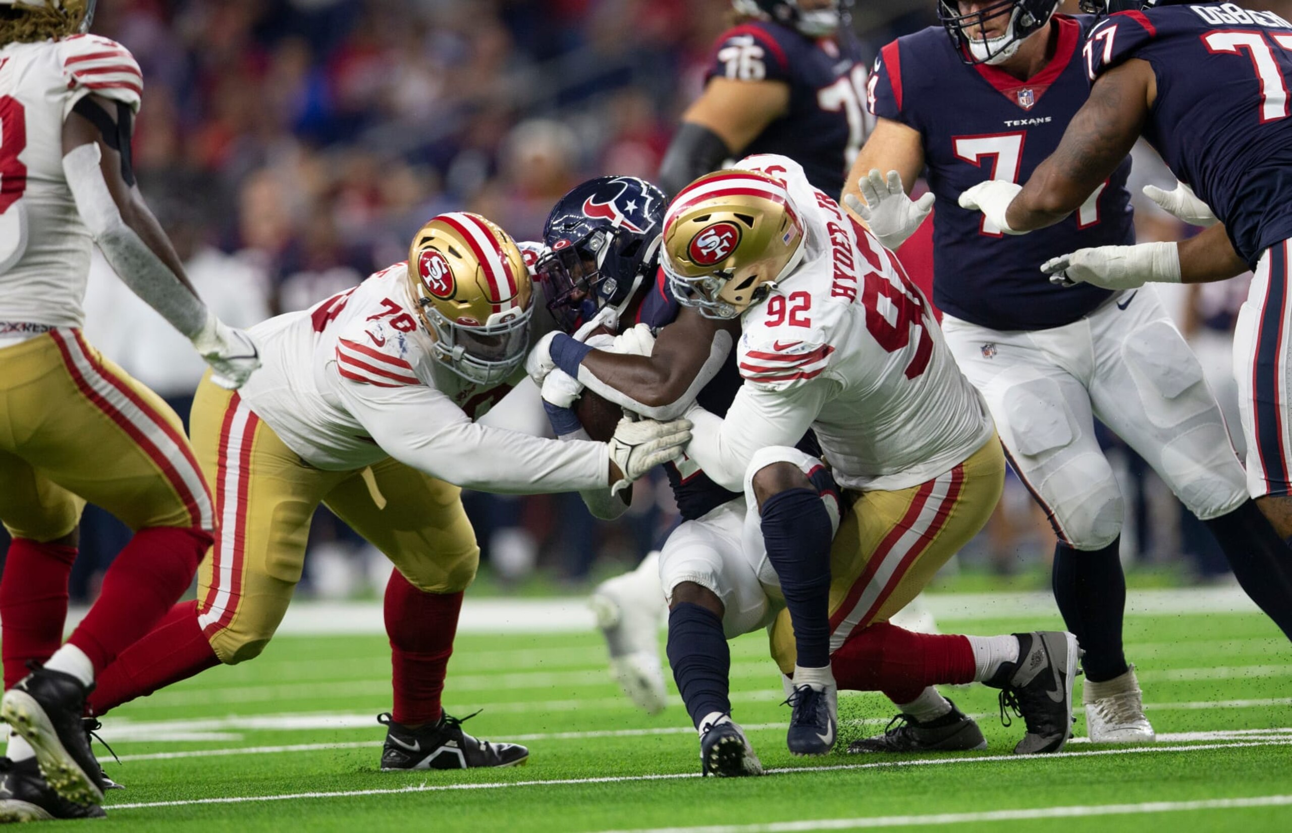 HOUSTON, TX - AUGUST 25:  Kerry Hyder Jr. #92 of the San Francisco 49ers makes a tackle during the game against the Houston Texans at NRG Stadium on August 25, 2022 in Minneapolis, Texas. The Texans defeated the 49ers 17-7. (Photo by Michael Zagaris/San Francisco 49ers/Getty Images)