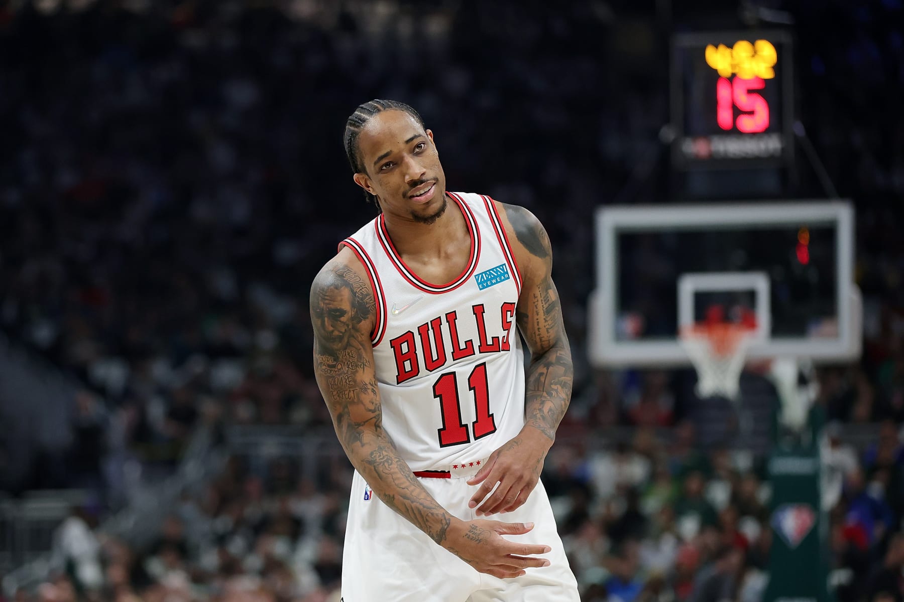 MILWAUKEE, WISCONSIN - APRIL 27: DeMar DeRozan #11 of the Chicago Bulls reacts to an officials call during Game Five of the Eastern Conference First Round Playoffs against the Milwaukee Bucks at Fiserv Forum on April 27, 2022 in Milwaukee, Wisconsin. NOTE TO USER: User expressly acknowledges and agrees that, by downloading and or using this photograph, User is consenting to the terms and conditions of the Getty Images License Agreement. (Photo by Stacy Revere/Getty Images)