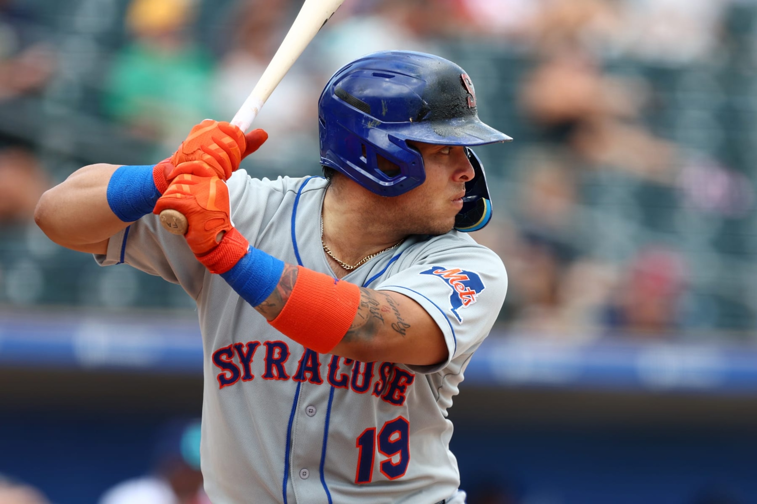 ALLENTOWN, PA - AUGUST 02: Francisco Alvarez #19 of the Syracuse Mets in action during a game against the Lehigh Valley IronPigs at Coca-Cola Park on August 2, 2022 in Allentown, Pennsylvania. Alvarez is the number one ranked prospect in the New York Mets organization. (Photo by Rich Schultz/Getty Images)
