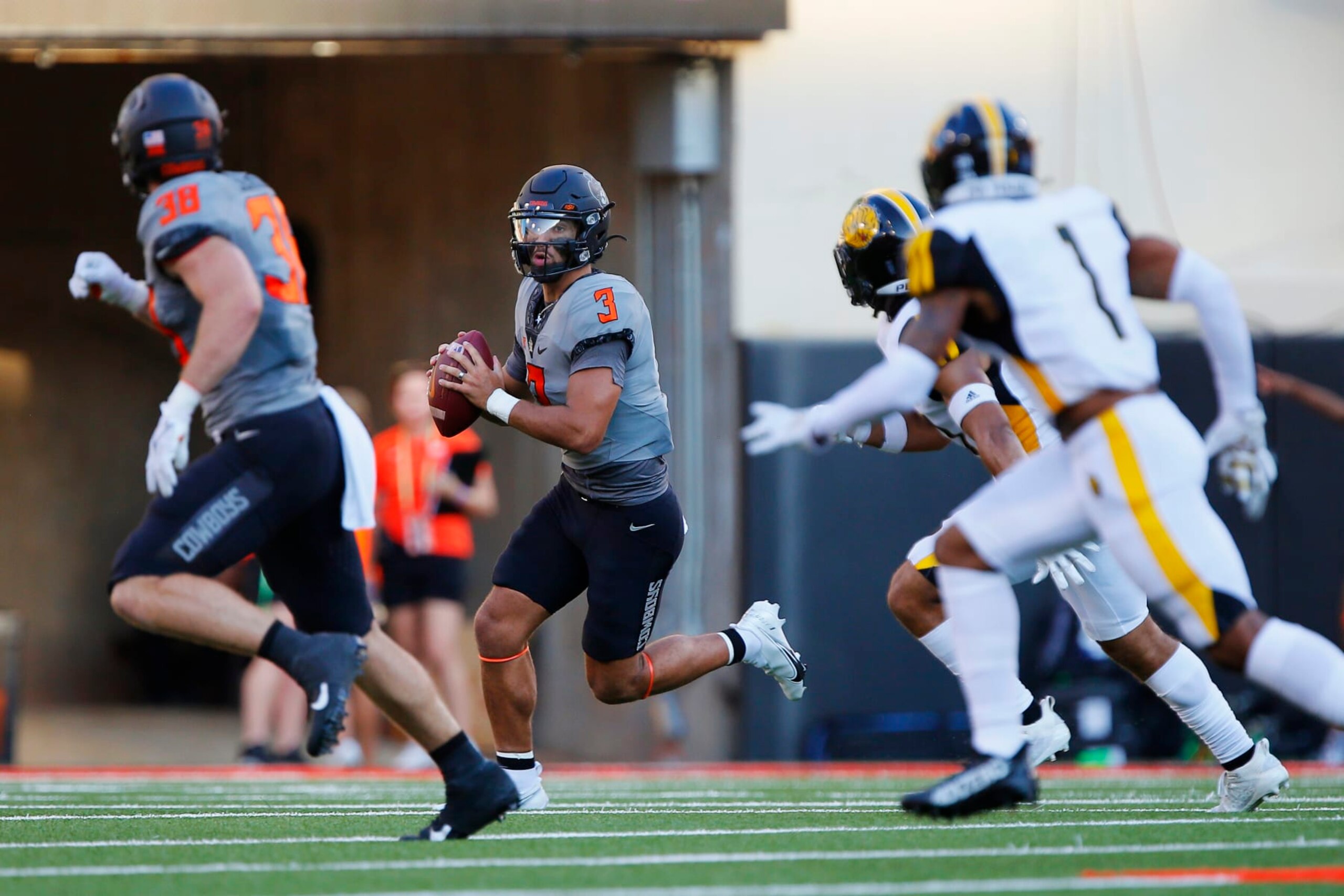 STILLWATER, OK - SEPTEMBER 17:  Quarterback Spencer Sanders #3 of the Oklahoma State Cowboys throws against the Arkansas Pine Bluff Golden Lions in the first quarter at Boone Pickens Stadium on September 17, 2022 in Stillwater, Oklahoma.  (Photo by Brian Bahr/Getty Images)