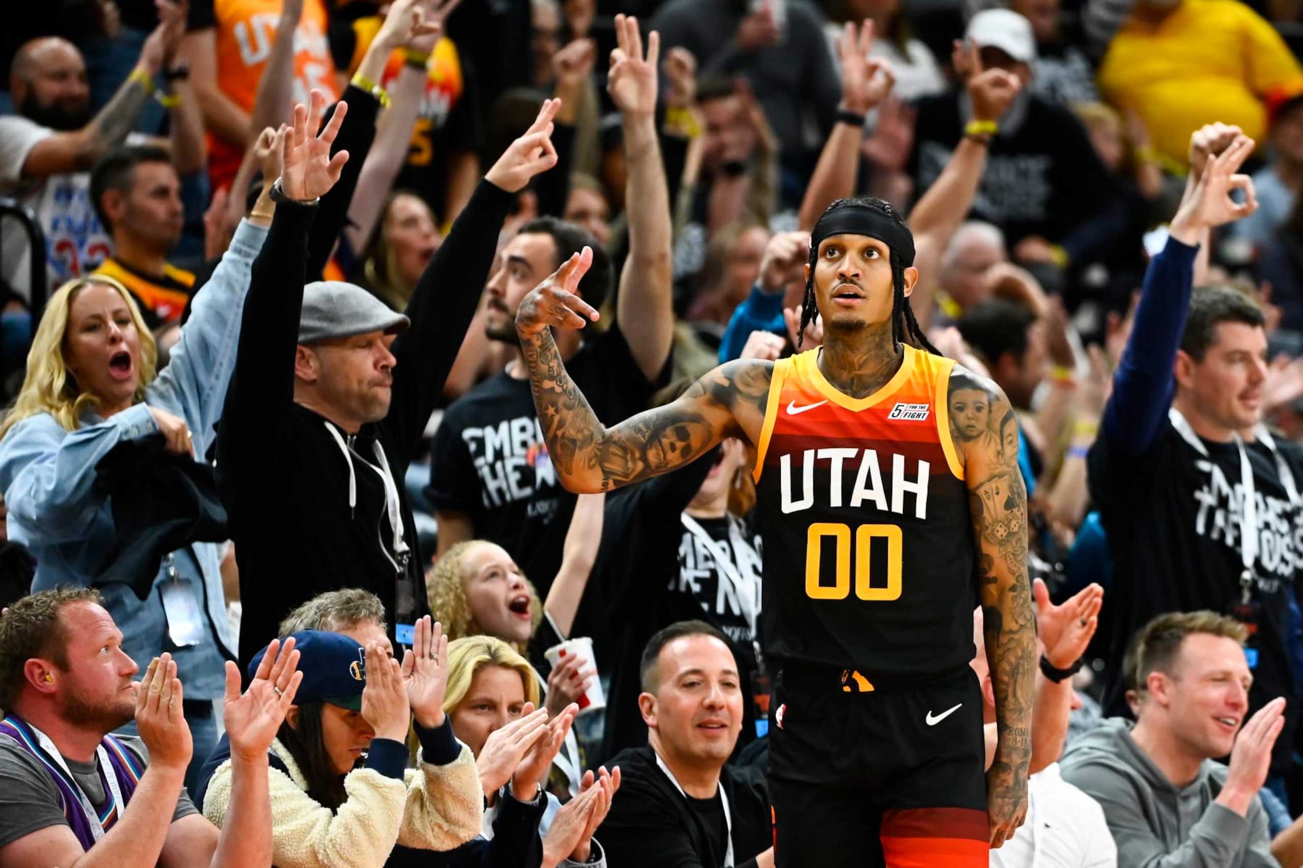 SALT LAKE CITY, UTAH - APRIL 28: Jordan Clarkson #00 of the Utah Jazz celebrates a three-point play during the first half of Game 6 of the Western Conference First Round Playoffs against the Dallas Mavericks at Vivint Smart Home Arena on April 28, 2022 in Salt Lake City, Utah. NOTE TO USER: User expressly acknowledges and agrees that, by downloading and/or using this Photograph, user is consenting to the terms and conditions of the Getty Images License Agreement. (Photo by Alex Goodlett/Getty Images) SALT LAKE CITY, UTAH - APRIL 28: Jordan Clarkson #00 of the Utah Jazz celebrates a three-point play during the first half of Game 6 of the Western Conference First Round Playoffs against the Dallas Mavericks at Vivint Smart Home Arena on April 28, 2022 in Salt Lake City, Utah. NOTE TO USER: User expressly acknowledges and agrees that, by downloading and/or using this Photograph, user is consenting to the terms and conditions of the Getty Images License Agreement. (Photo by Alex Goodlett/Getty Images)