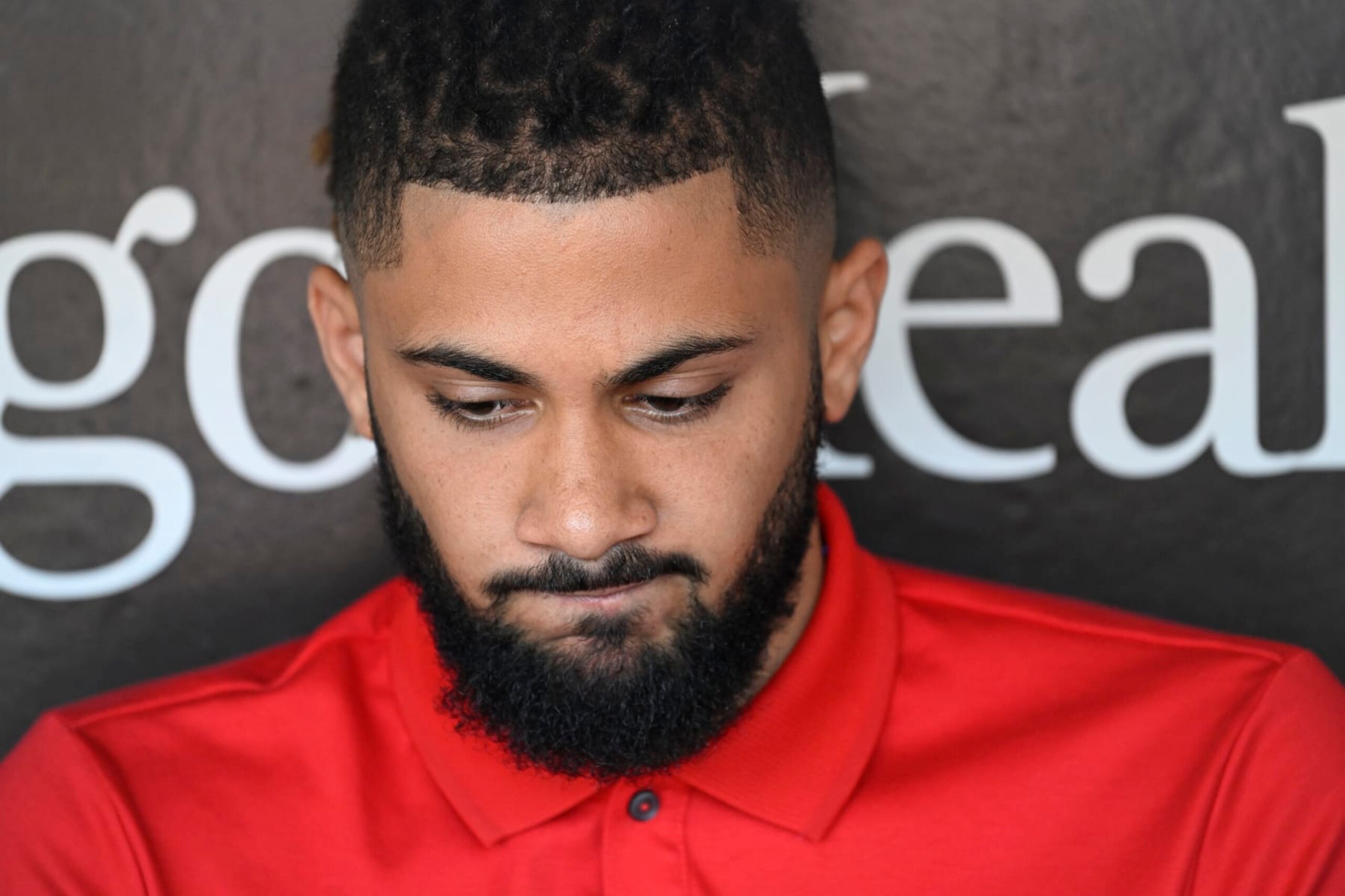 SAN DIEGO, CA - AUGUST 23: Fernando Tatis Jr. #23 of the San Diego Padres listens to a question during a news conference before a game against the Cleveland Guardians August 23, 2022 at Petco Park in San Diego, California. (Photo by Denis Poroy/Getty Images)