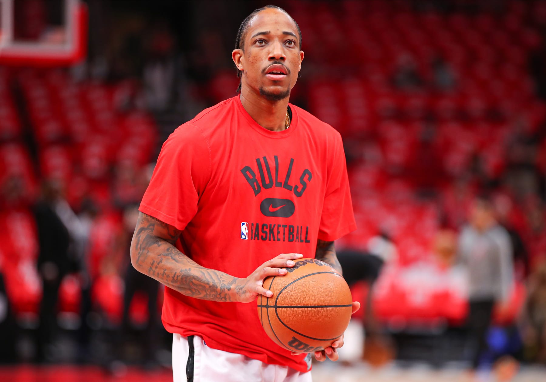 CHICAGO, IL - APRIL 24: Chicago Bulls forward DeMar DeRozan (11) looks on before attempting a free throw before Game Four of the Eastern Conference First Round Playoffs between the Milwaukee  Bucks and the Chicago Bulls on April 24, 2022 at the United Center in Chicago, IL. (Photo by Melissa Tamez/Icon Sportswire via Getty Images)
