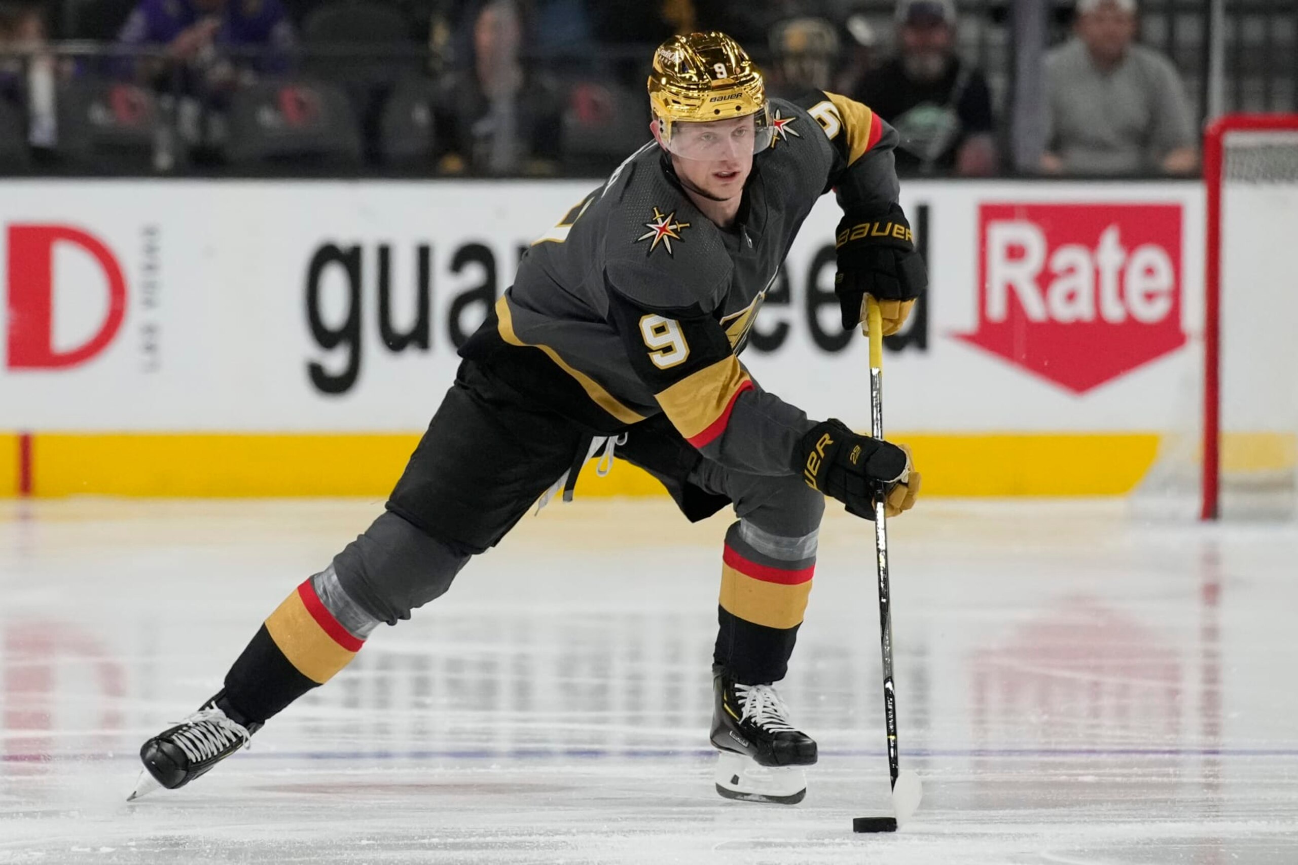 Vegas Golden Knights center Jack Eichel (9) plays against the Los Angeles Kings in an NHL hockey game Saturday, March 19, 2022, in Las Vegas. (AP Photo/John Locher) Vegas Golden Knights center Jack Eichel (9) plays against the Los Angeles Kings in an NHL hockey game Saturday, March 19, 2022, in Las Vegas. (AP Photo/John Locher)