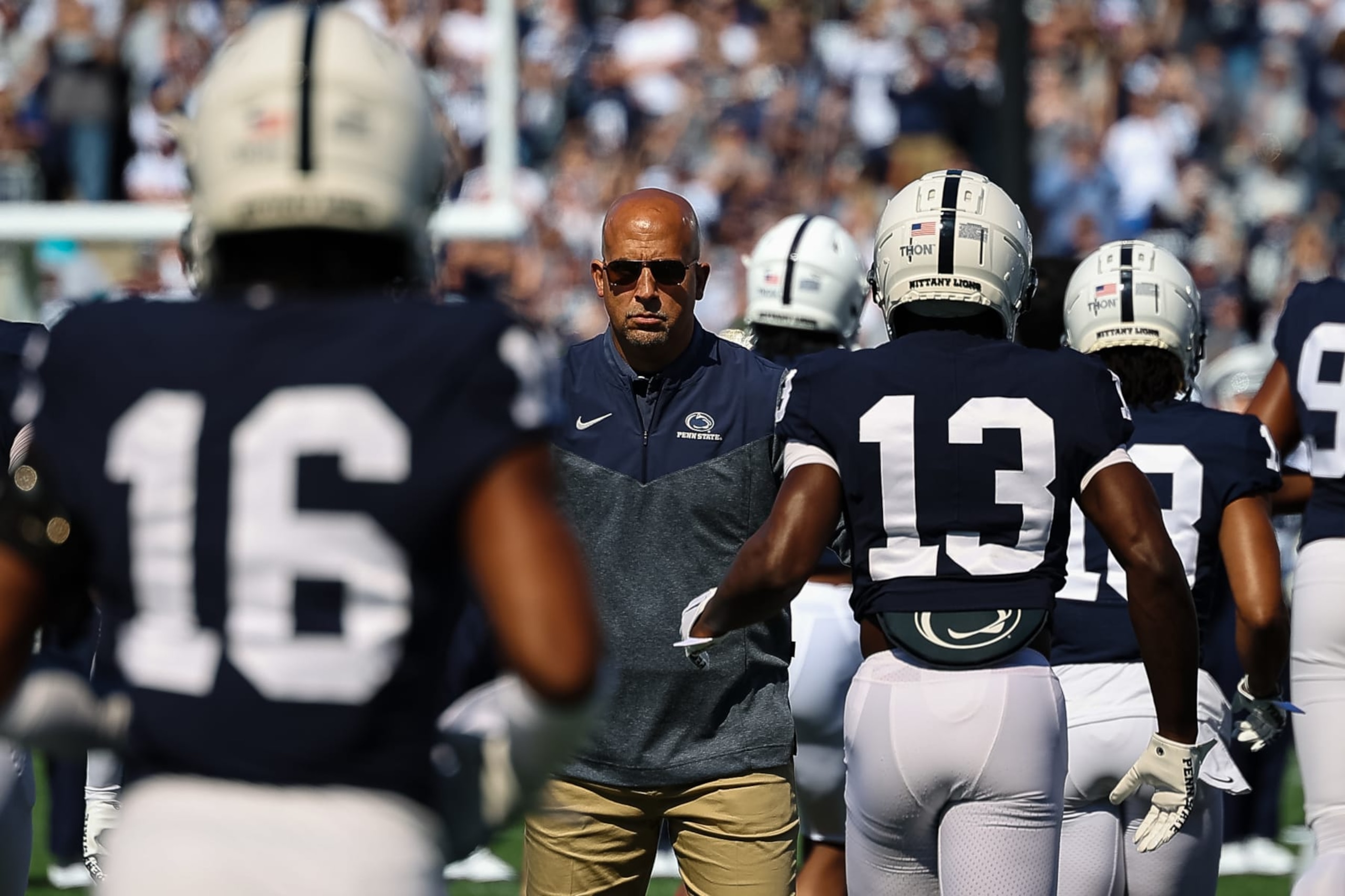 STATE COLLEGE, PA - SEPTEMBER 24: Head coach James Franklin of the Penn State Nittany Lions leads the team onto the field before the game against the Central Michigan Chippewas at Beaver Stadium on September 24, 2022 in State College, Pennsylvania. (Photo by Scott Taetsch/Getty Images)