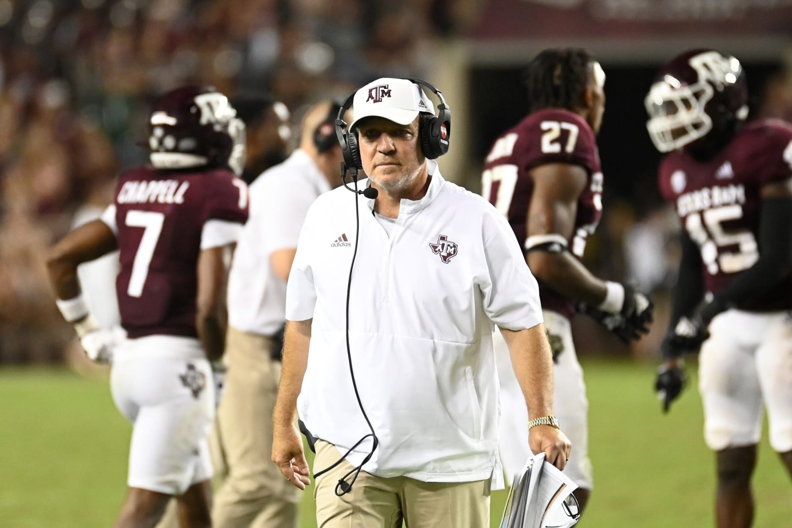COLLEGE STATION, TEXAS - SEPTEMBER 17: Head coach Jimbo Fisher of the Texas A&M Aggies walks off the field during the second half of the game against the Miami Hurricanes at Kyle Field on September 17, 2022 in College Station, Texas. (Photo by Jack Gorman/Getty Images)