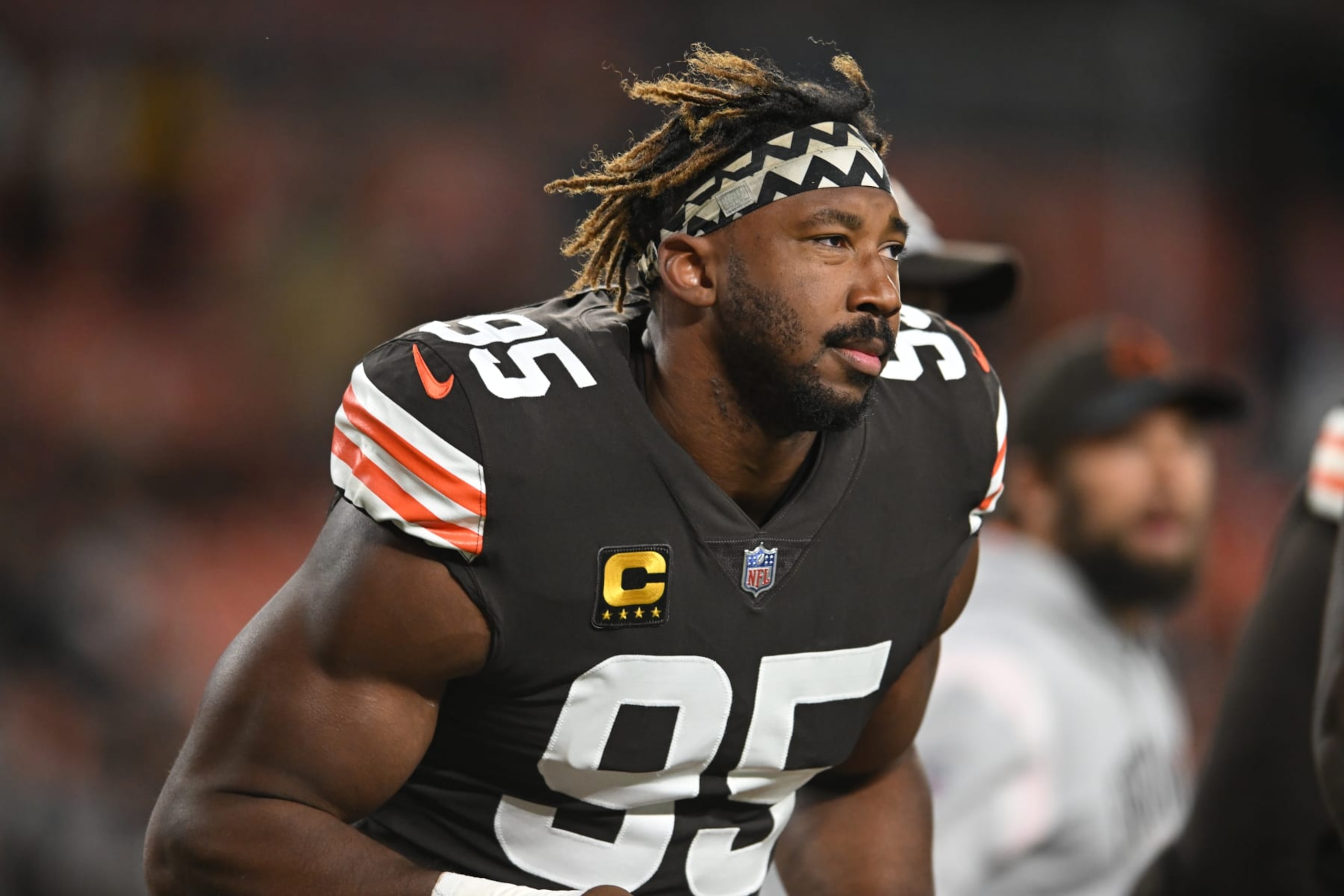 CLEVELAND, OHIO - SEPTEMBER 22: Myles Garrett #95 of the Cleveland Browns warms up prior to facing the Cleveland Browns at FirstEnergy Stadium on September 22, 2022 in Cleveland, Ohio. (Photo by Nick Cammett/Getty Images)