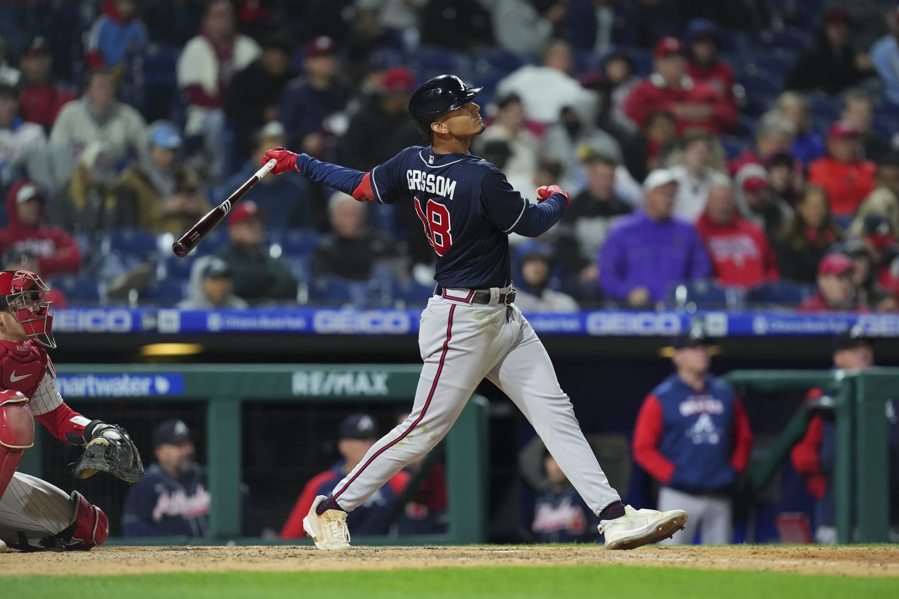 PHILADELPHIA, PA - SEPTEMBER 23: Vaughn Grissom #18 of the Atlanta Braves bats against the Philadelphia Phillies at Citizens Bank Park on September 23, 2022 in Philadelphia, Pennsylvania. The Phillies defeated the Braves 9-1. (Photo by Mitchell Leff/Getty Images)