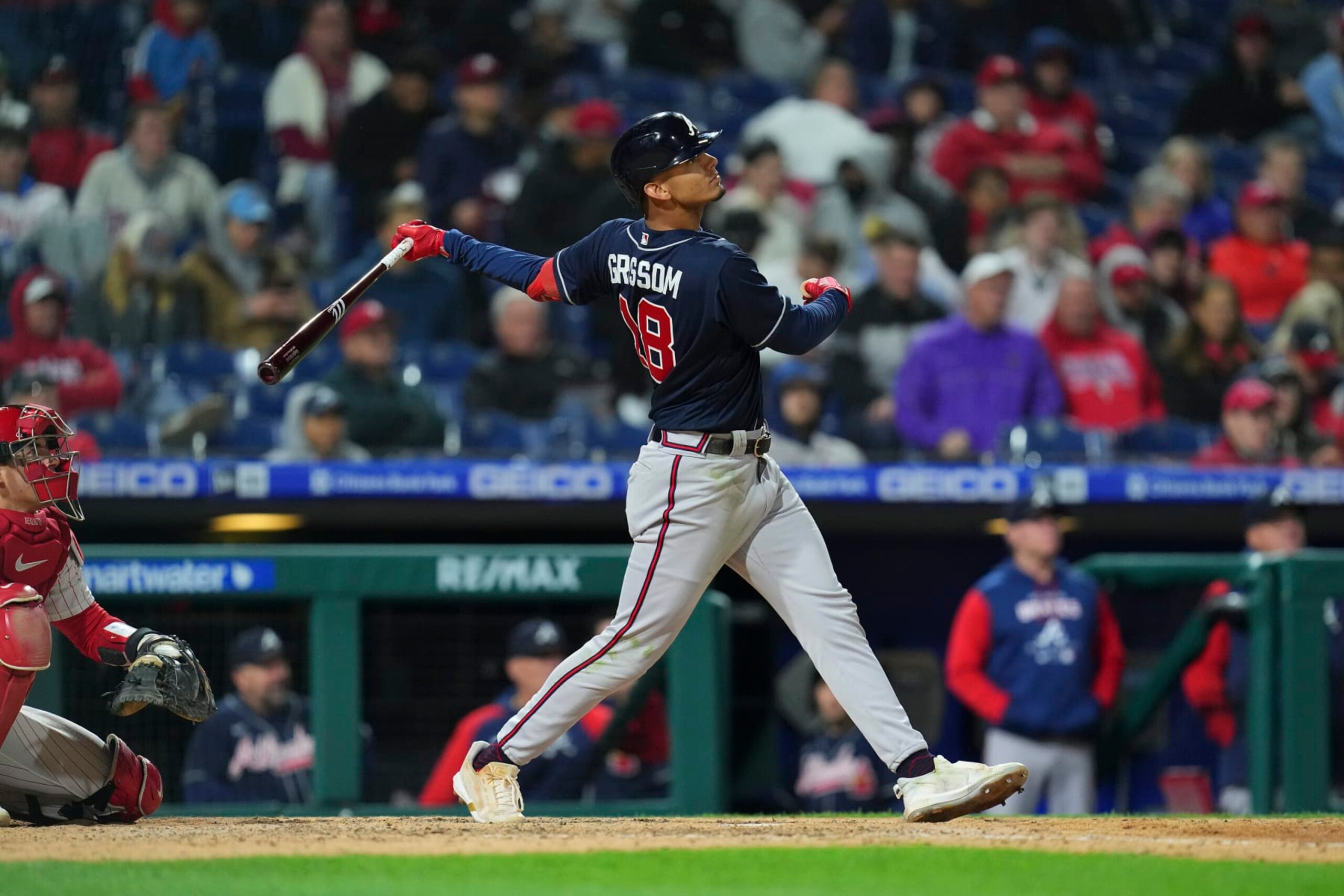 PHILADELPHIA, PA - SEPTEMBER 23: Vaughn Grissom #18 of the Atlanta Braves bats against the Philadelphia Phillies at Citizens Bank Park on September 23, 2022 in Philadelphia, Pennsylvania. The Phillies defeated the Braves 9-1. (Photo by Mitchell Leff/Getty Images)