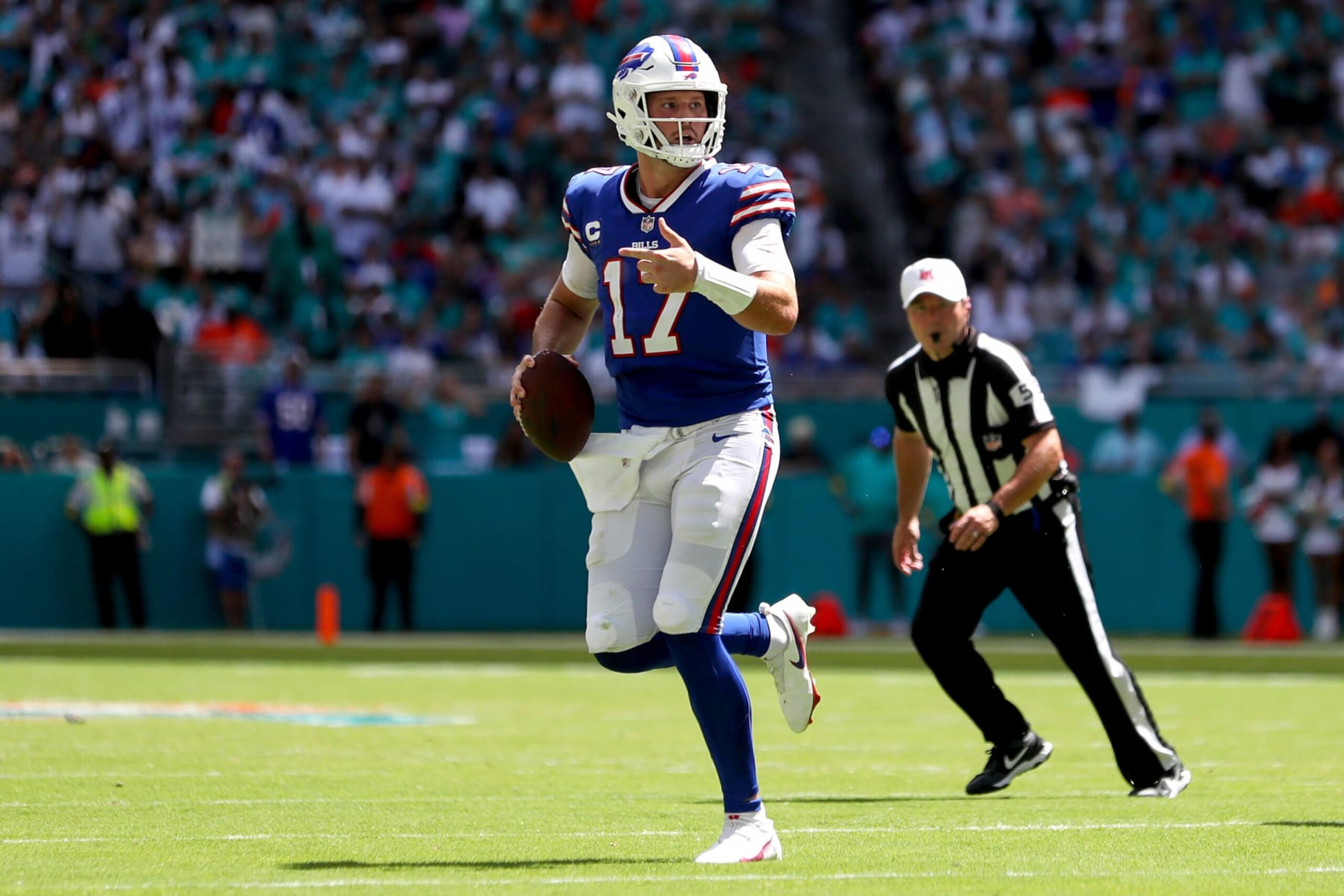 MIAMI GARDENS, FLORIDA - SEPTEMBER 25: Josh Allen #17 of the Buffalo Bills looks to pass during the first half of the game against the Miami Dolphins at Hard Rock Stadium on September 25, 2022 in Miami Gardens, Florida. (Photo by Megan Briggs/Getty Images)