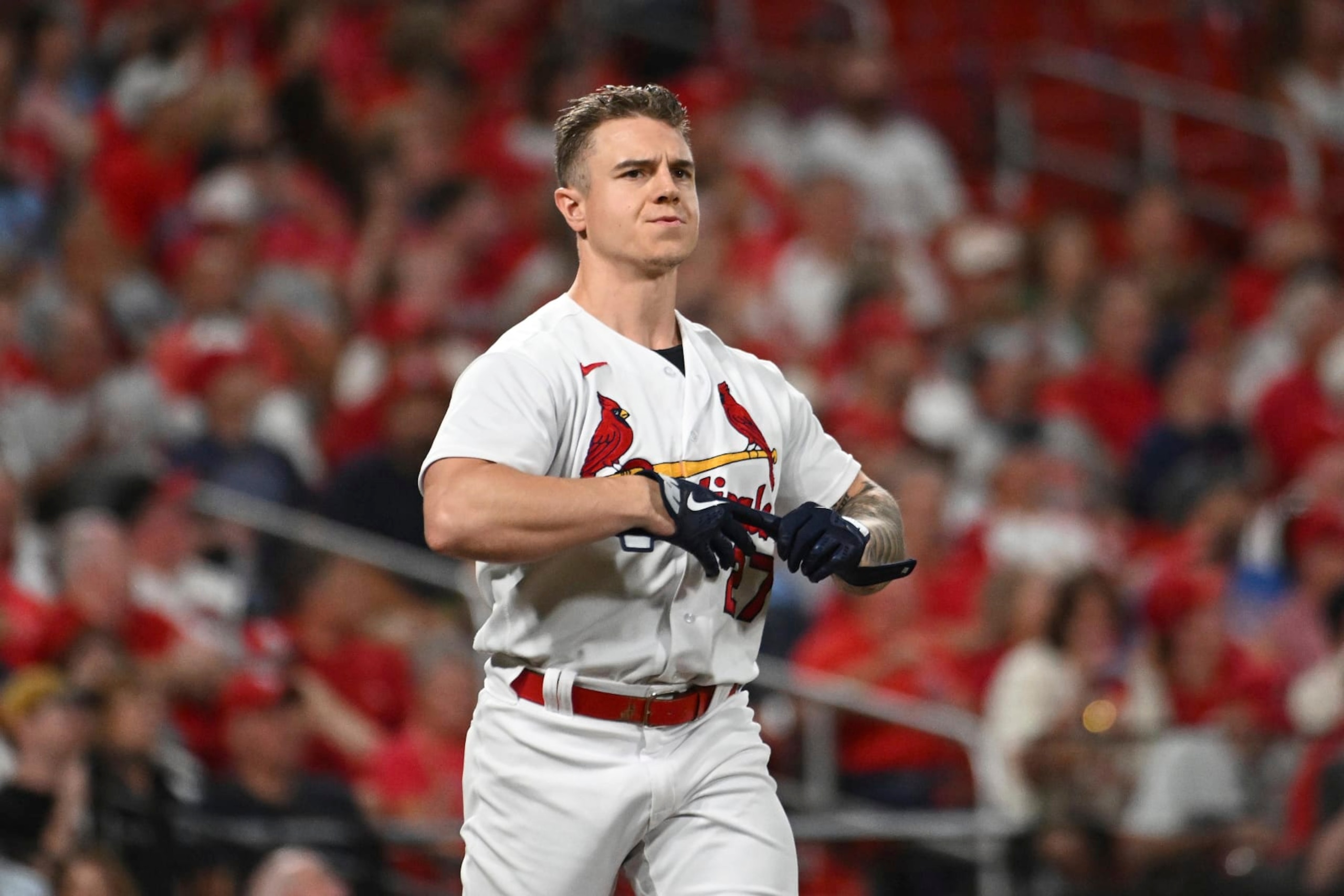 St. Louis Cardinals' Tyler O'Neill looks on after striking out in the fourth inning of a baseball game against the Cincinnati Reds on Thursday Sept. 15, 2022, in St. Louis. (AP Photo/Joe Puetz)