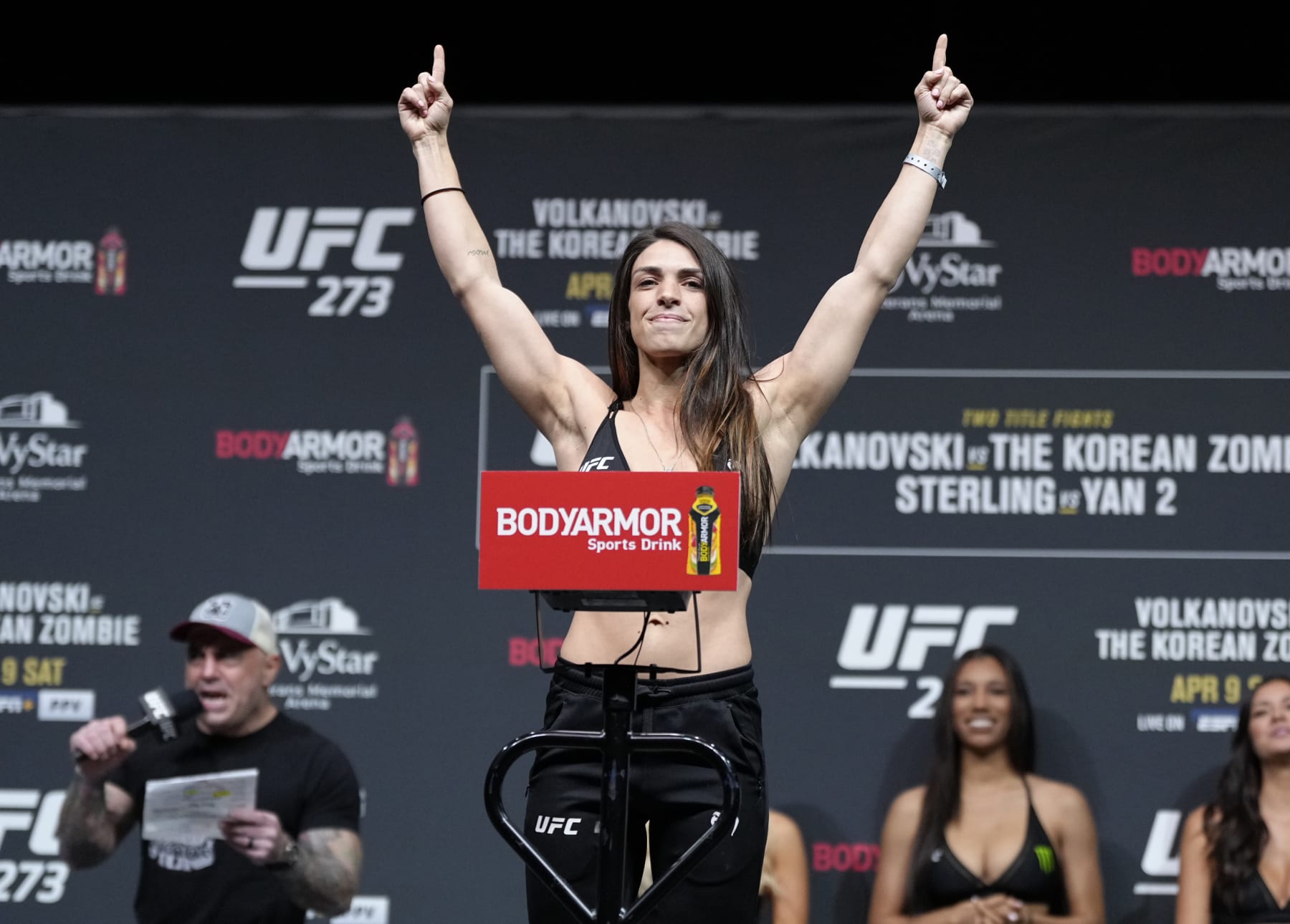 JACKSONVILLE, FLORIDA - APRIL 08: Mackenzie Dern poses on the scale during the UFC 273 ceremonial weigh-in at VyStar Veterans Memorial Arena on April 08, 2022 in Jacksonville, Florida. (Photo by Jeff Bottari/Zuffa LLC)