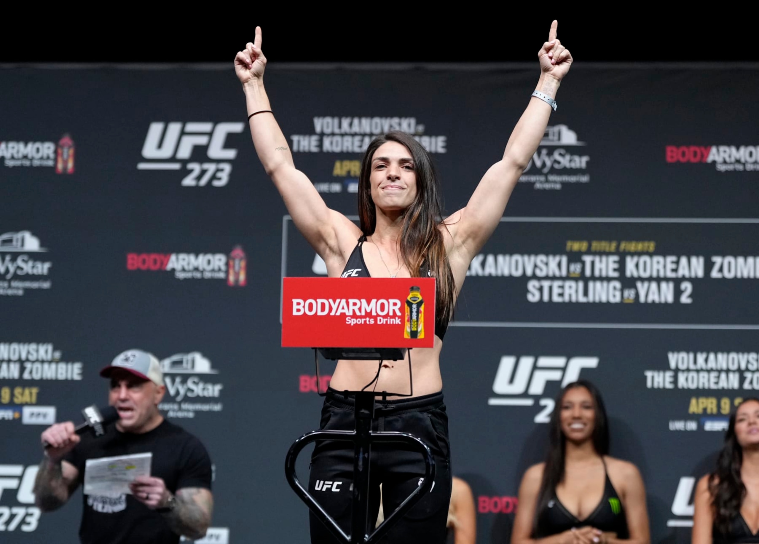 JACKSONVILLE, FLORIDA - APRIL 08: Mackenzie Dern poses on the scale during the UFC 273 ceremonial weigh-in at VyStar Veterans Memorial Arena on April 08, 2022 in Jacksonville, Florida. (Photo by Jeff Bottari/Zuffa LLC)