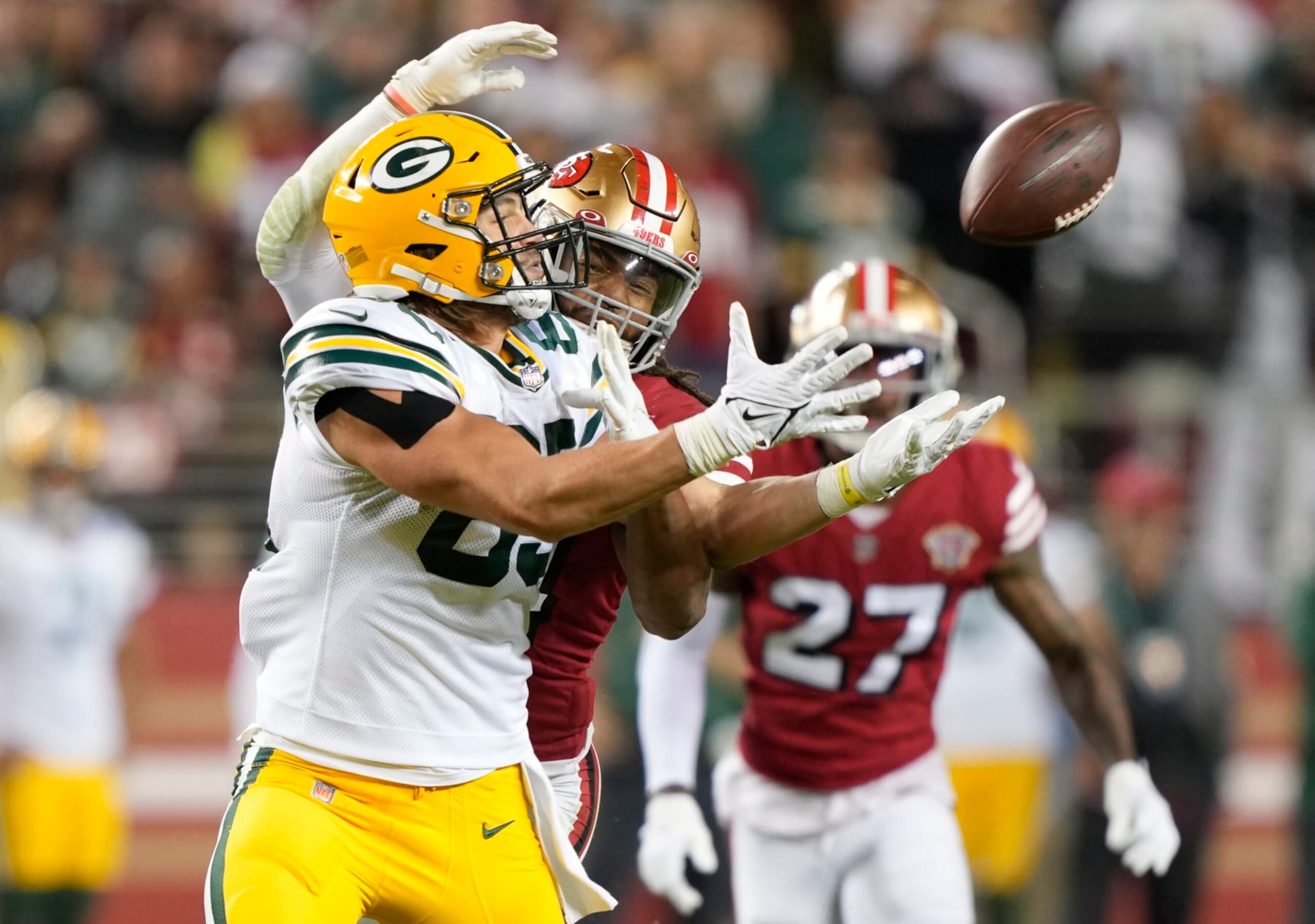 SANTA CLARA, CALIFORNIA - SEPTEMBER 26: Fred Warner #54 of the San Francisco 49ers is called for pass interference against Robert Tonyan #85 of the Green Bay Packers during the second half in the game at Levi's Stadium on September 26, 2021 in Santa Clara, California. (Photo by Thearon W. Henderson/Getty Images)