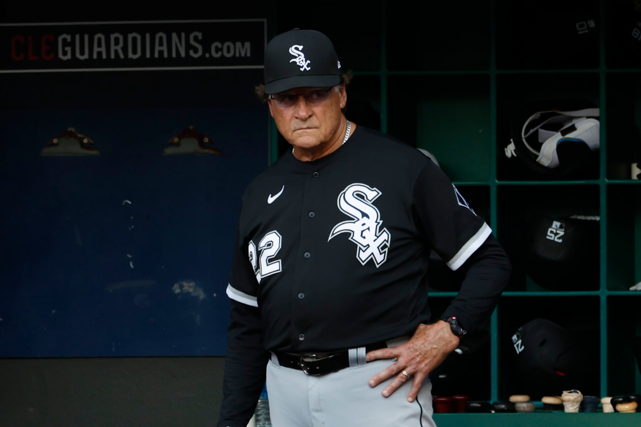 CLEVELAND, OH - JULY 11: Tony La Russa #22 of the Chicago White Sox watches from the dugout during the first inning against the Cleveland Guardians at Progressive Field on July 11, 2022 in Cleveland, Ohio. (Photo by Ron Schwane/Getty Images)