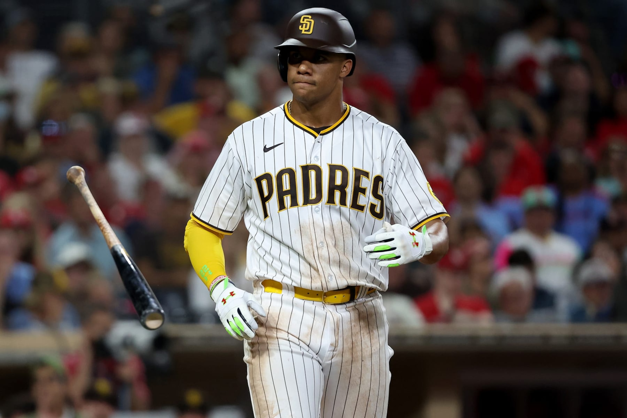 SAN DIEGO, CALIFORNIA - SEPTEMBER 21: Juan Soto #22 of the San Diego Padres tosses his bat after drawing a walk during the fifth inning of a game against the St. Louis Cardinals at PETCO Park on September 20, 2022 in San Diego, California. (Photo by Sean M. Haffey/Getty Images)