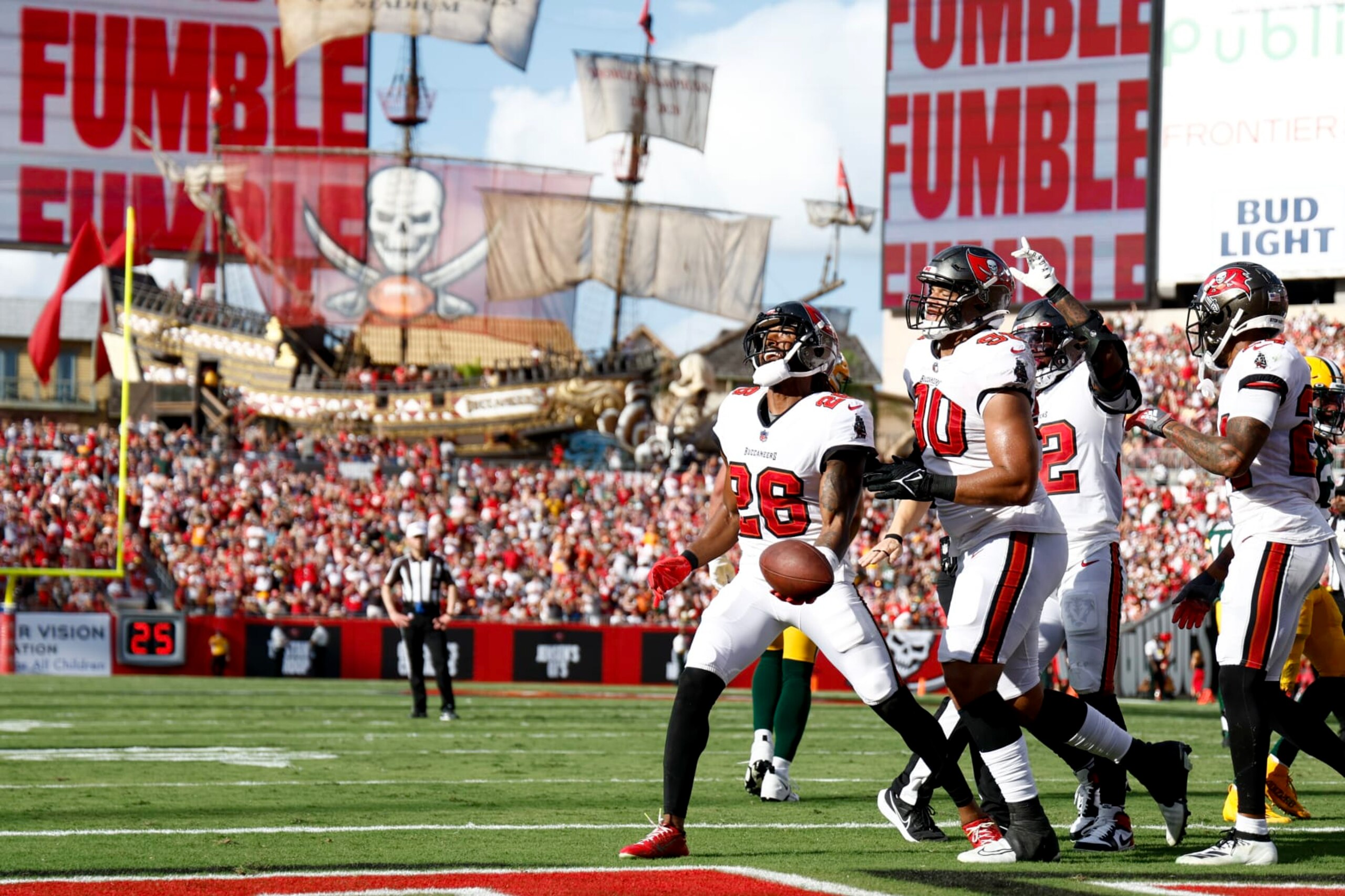TAMPA, FLORIDA - SEPTEMBER 25: Logan Ryan #26 of the Tampa Bay Buccaneers reacts after recovering a fumble against the Green Bay Packers during the second quarter at Raymond James Stadium on September 25, 2022 in Tampa, Florida. (Photo by Douglas P. DeFelice/Getty Images)
