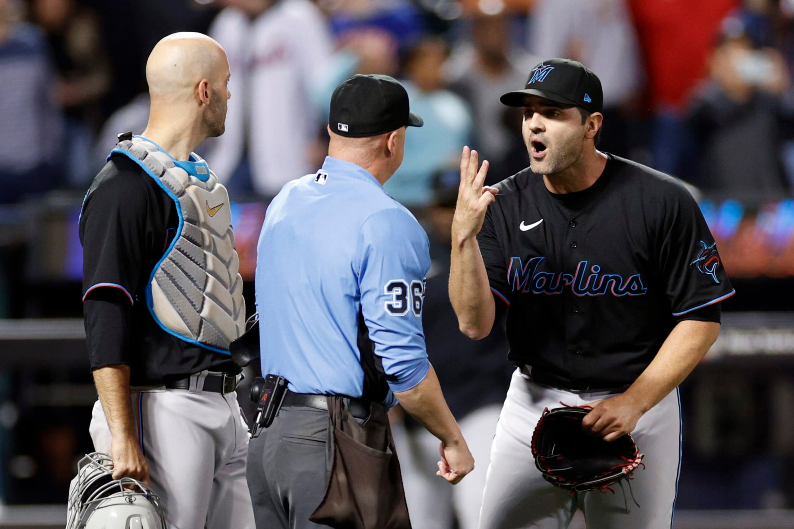 NEW YORK, NEW YORK - SEPTEMBER 27: Jacob Stallings #58 looks on as Richard Bleier #35 of the Miami Marlins reacts toward a call by umpire Ryan Blakney #36 during the eighth inning against the New York Mets at Citi Field on September 27, 2022 in the Queens borough of New York City. (Photo by Sarah Stier/Getty Images)