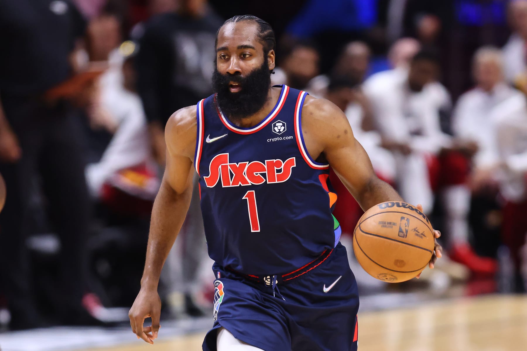 MIAMI, FLORIDA - MAY 10: James Harden #1 of the Philadelphia 76ers dribbles against the Miami Heat during the first half in Game Five of the Eastern Conference Semifinals at FTX Arena on May 10, 2022 in Miami, Florida. NOTE TO USER: User expressly acknowledges and agrees that, by downloading and or using this photograph, User is consenting to the terms and conditions of the Getty Images License Agreement.  (Photo by Michael Reaves/Getty Images)