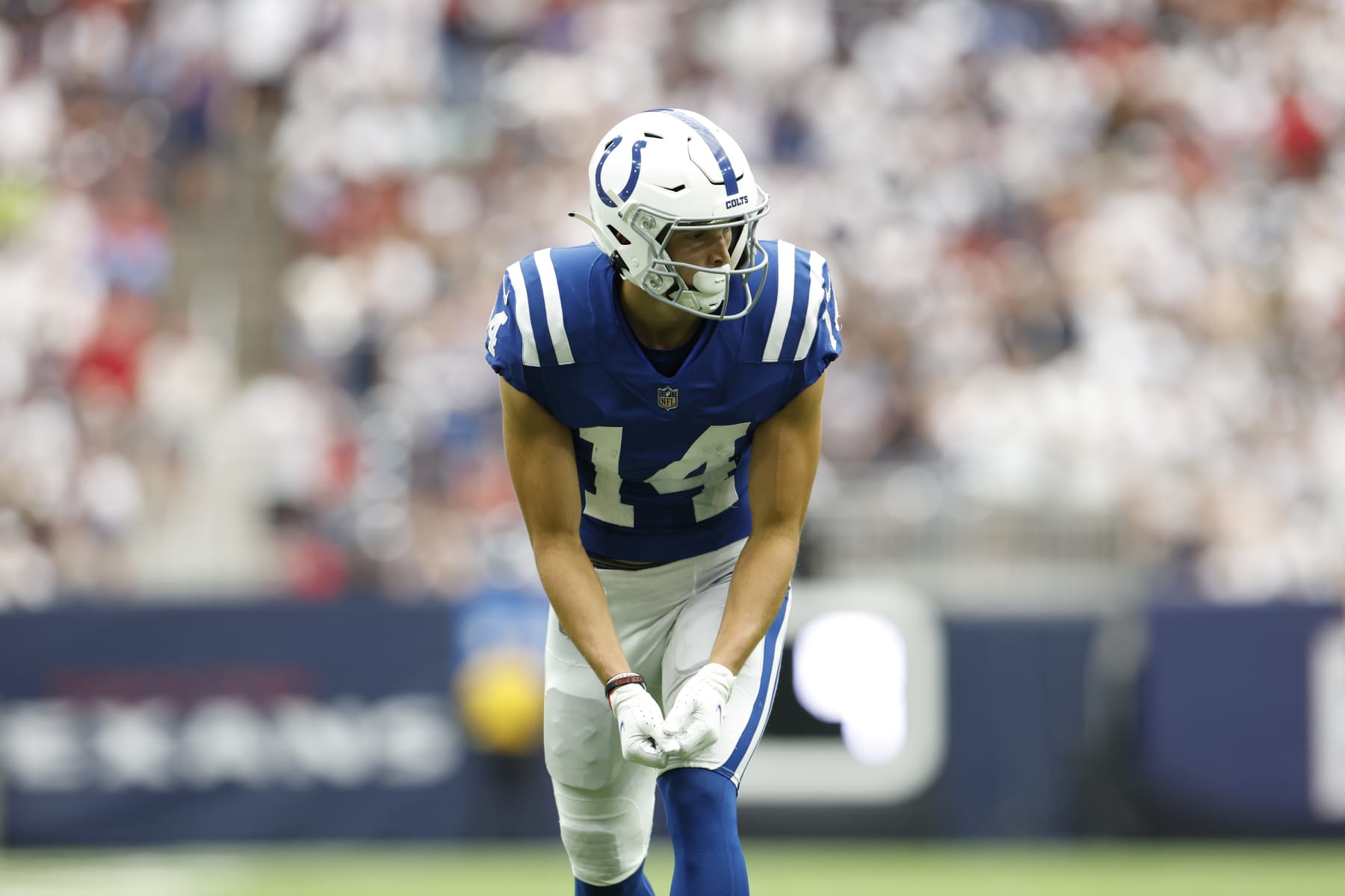 Indianapolis Colts wide receiver Alec Pierce (14) lines up for the snap during an NFL football game against the Houston Texans on Sunday, September 11, 2022, in Houston. (AP Photo/Matt Patterson)