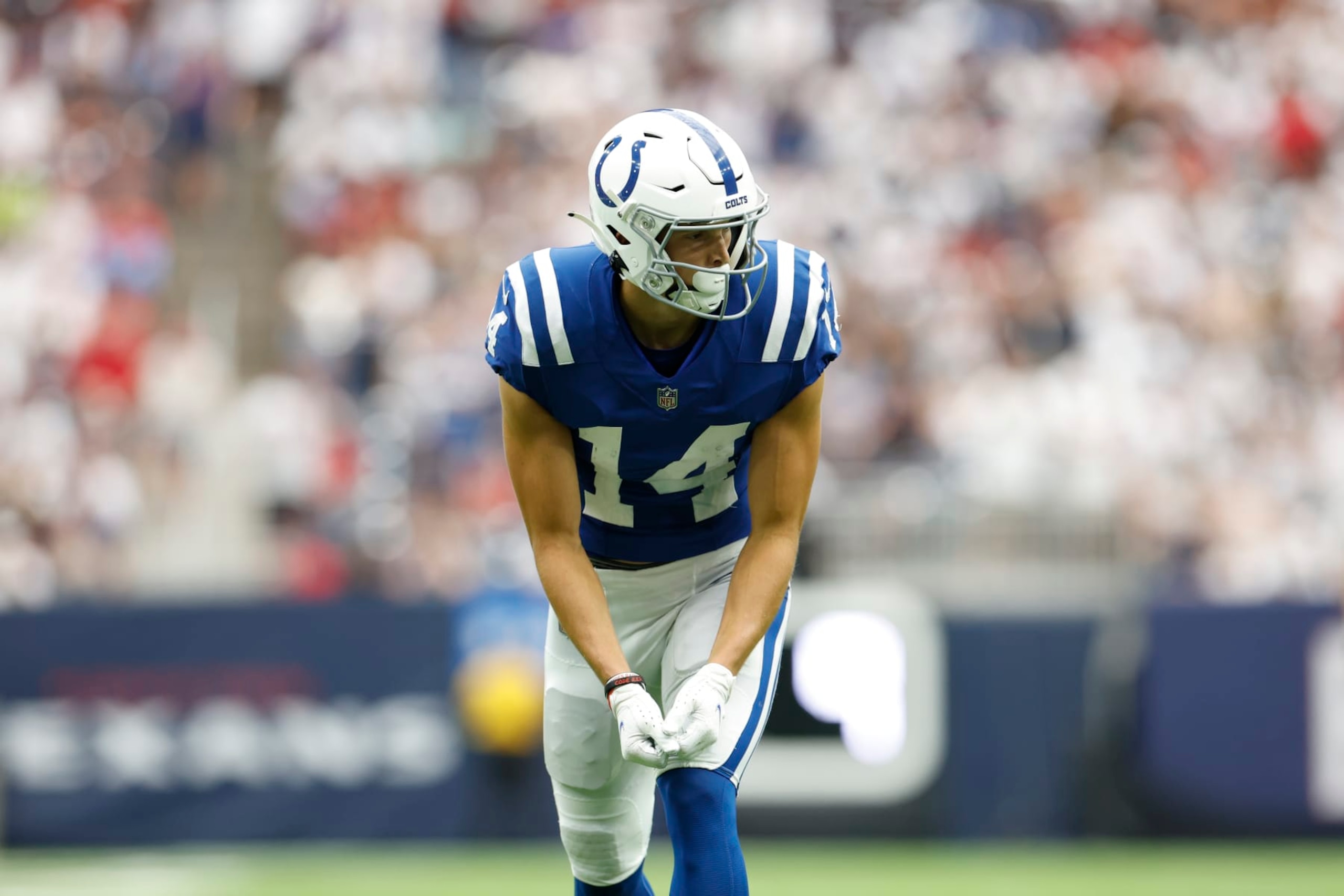 Indianapolis Colts wide receiver Alec Pierce (14) lines up for the snap during an NFL football game against the Houston Texans on Sunday, September 11, 2022, in Houston. (AP Photo/Matt Patterson)