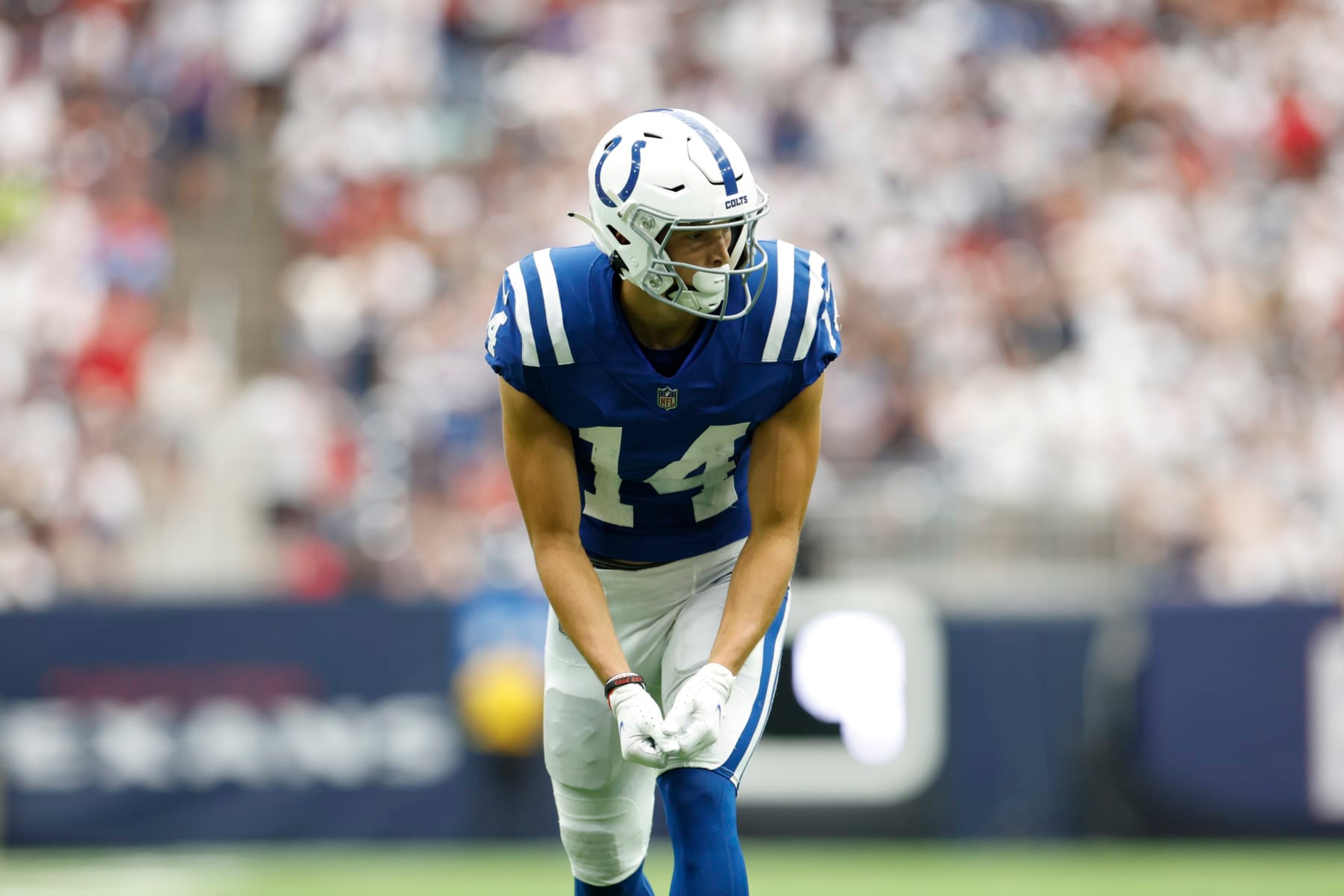 Indianapolis Colts wide receiver Alec Pierce (14) lines up for the snap during an NFL football game against the Houston Texans on Sunday, September 11, 2022, in Houston. (AP Photo/Matt Patterson)