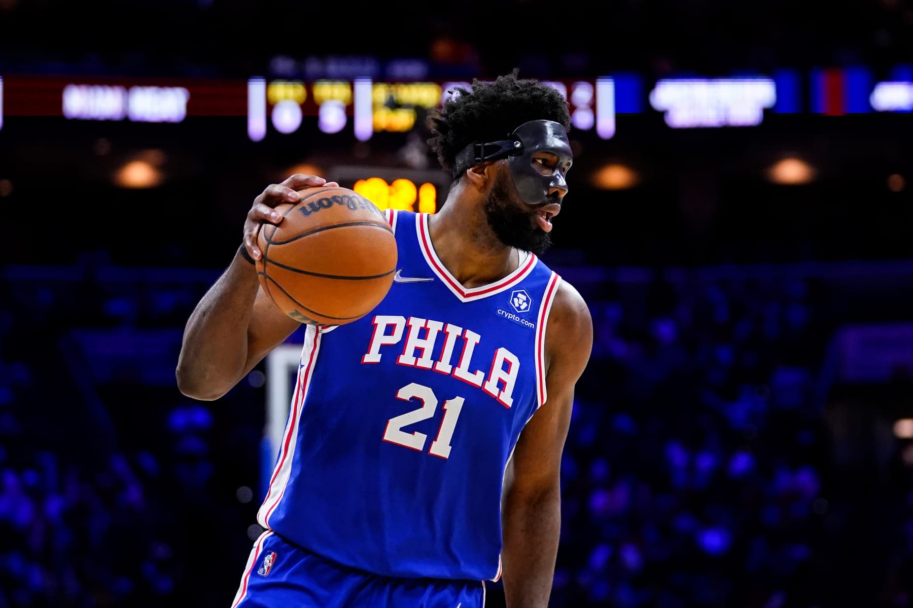 Philadelphia 76ers' Joel Embiid plays during the second half of Game 6 of an NBA basketball second-round playoff series against the Miami Heat, Thursday, May 12, 2022, in Philadelphia. (AP Photo/Matt Slocum)