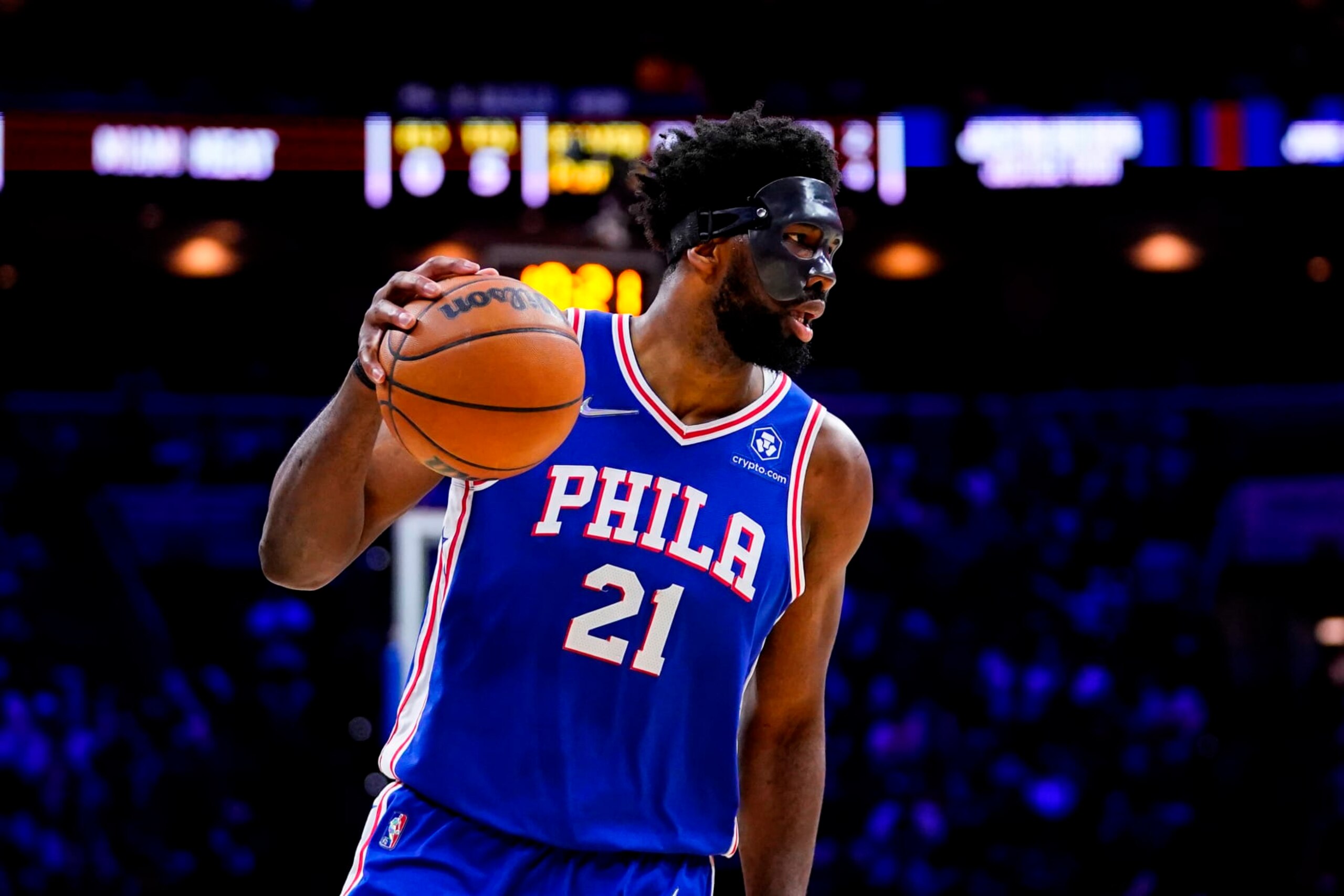Philadelphia 76ers' Joel Embiid plays during the second half of Game 6 of an NBA basketball second-round playoff series against the Miami Heat, Thursday, May 12, 2022, in Philadelphia. (AP Photo/Matt Slocum)
