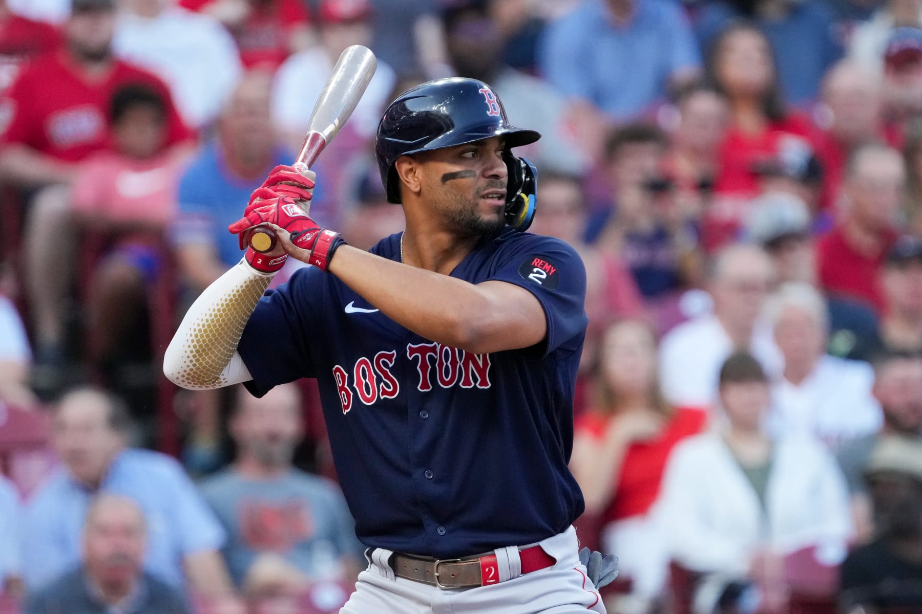 CINCINNATI, OHIO - SEPTEMBER 20: Xander Bogaerts #2 of the Boston Red Sox bats in the first inning against the Cincinnati Reds at Great American Ball Park on September 20, 2022 in Cincinnati, Ohio. (Photo by Dylan Buell/Getty Images)