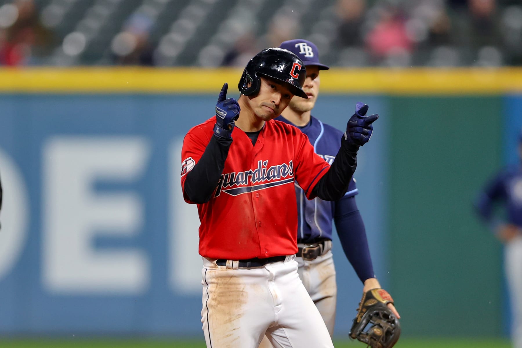 CLEVELAND, OH - SEPTEMBER 27: Cleveland Guardians left fielder Steven Kwan (38) celebrates after driving in a run with a single during the fourth inning of the Major League Baseball game between the Tampa Bay Rays and Cleveland Guardians on September 27, 2022, at Progressive Field in Cleveland, OH. (Photo by Frank Jansky/Icon Sportswire via Getty Images)