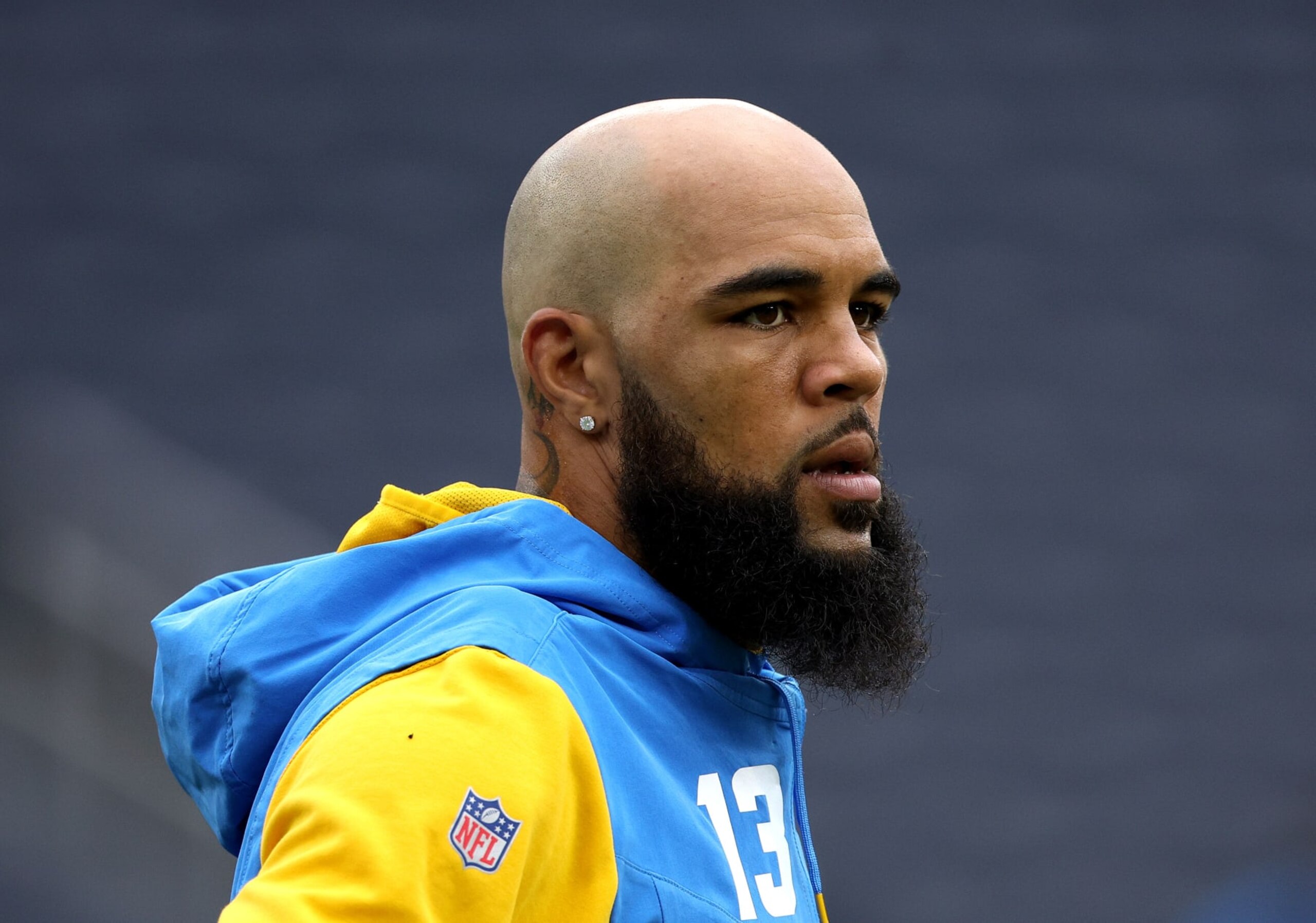 INGLEWOOD, CALIFORNIA - SEPTEMBER 11: Keenan Allen #13 of the Los Angeles Chargers during warm up before the game against the Las Vegas Raiders at SoFi Stadium on September 11, 2022 in Inglewood, California. (Photo by Harry How/Getty Images)