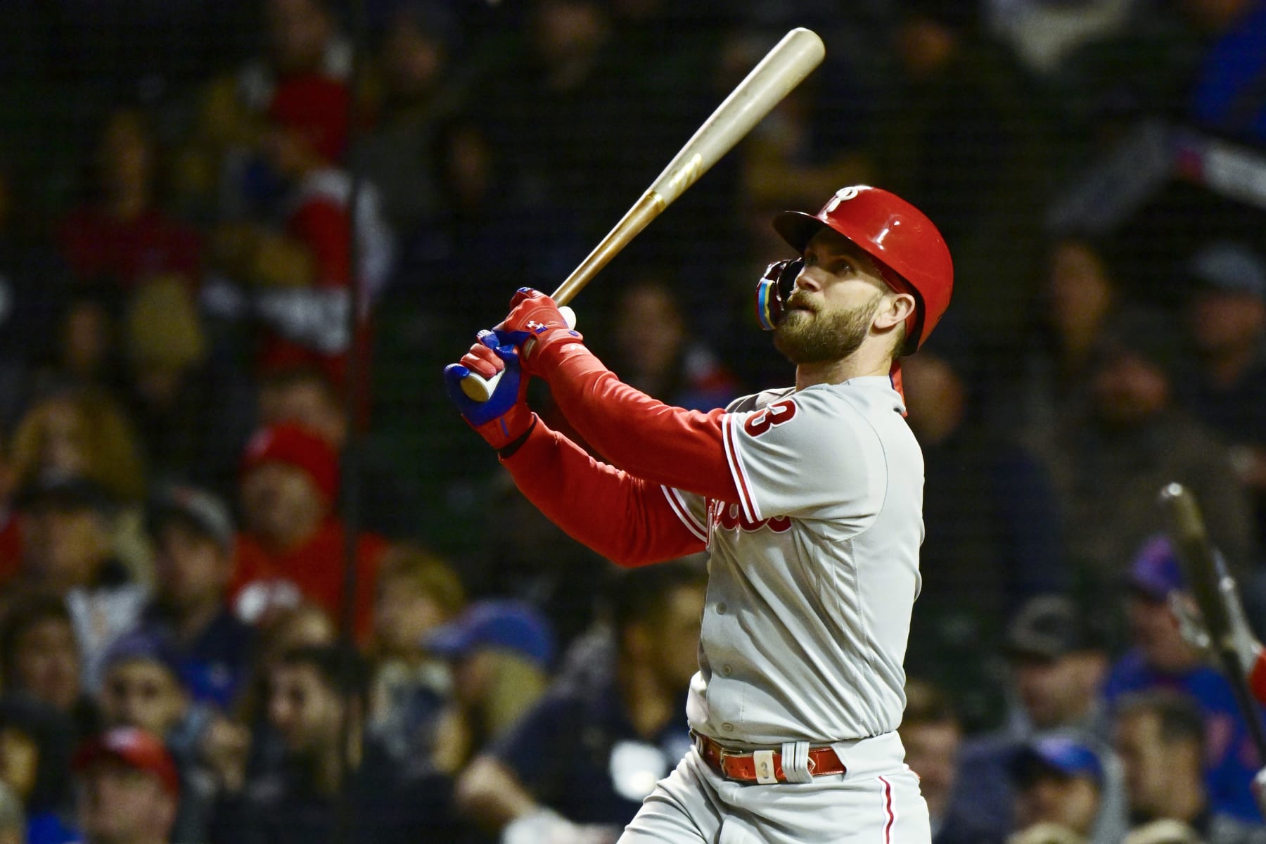 CHICAGO, ILLINOIS - SEPTEMBER 28: Bryce Harper #3 of the Philadelphia Phillies hits an RBI sacrifice fly in the third inning against the Chicago Cubs at Wrigley Field on September 28, 2022 in Chicago, Illinois. (Photo by Quinn Harris/Getty Images) CHICAGO, ILLINOIS - SEPTEMBER 28: Bryce Harper #3 of the Philadelphia Phillies hits an RBI sacrifice fly in the third inning against the Chicago Cubs at Wrigley Field on September 28, 2022 in Chicago, Illinois. (Photo by Quinn Harris/Getty Images)