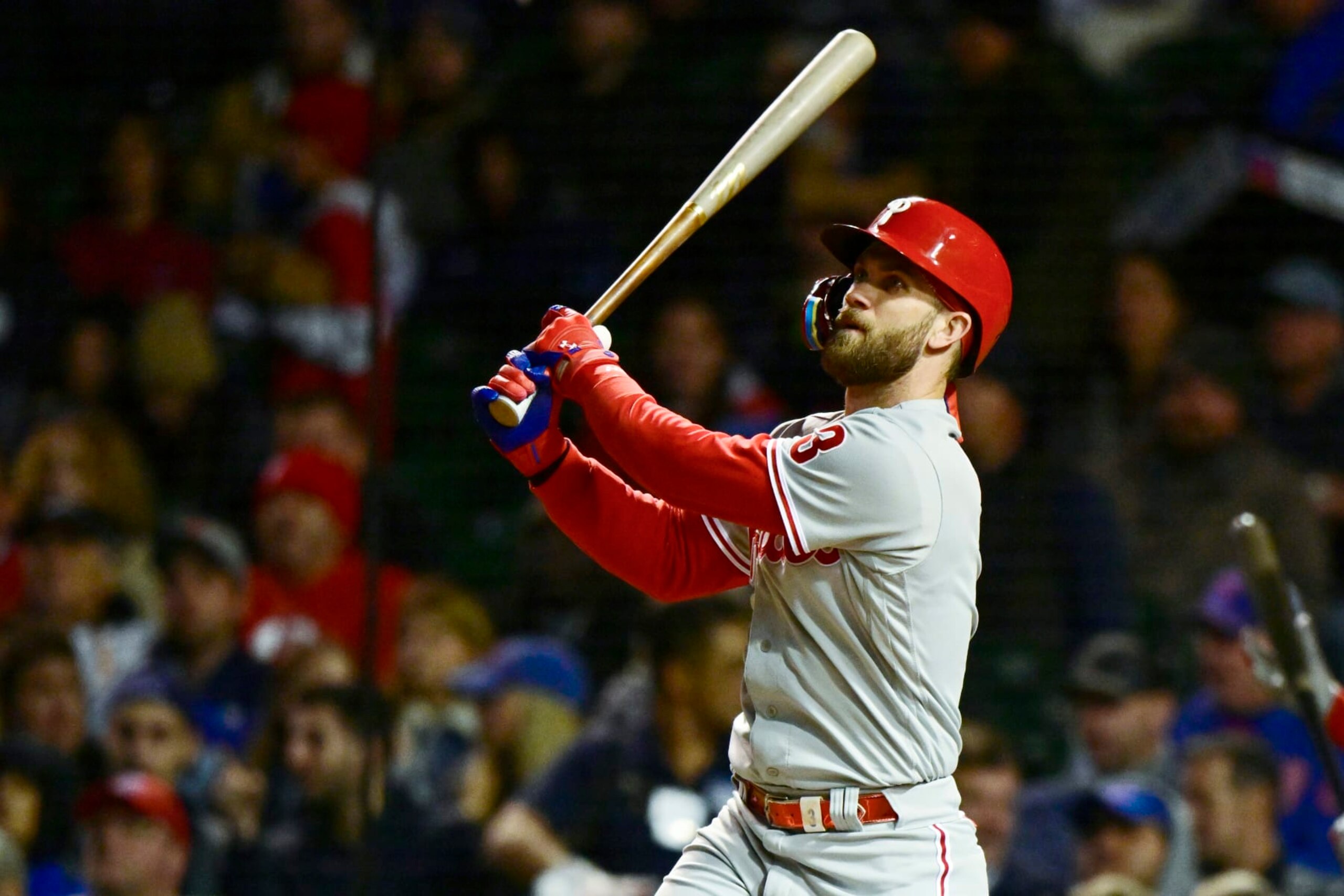 CHICAGO, ILLINOIS - SEPTEMBER 28: Bryce Harper #3 of the Philadelphia Phillies hits an RBI sacrifice fly in the third inning against the Chicago Cubs at Wrigley Field on September 28, 2022 in Chicago, Illinois. (Photo by Quinn Harris/Getty Images)
