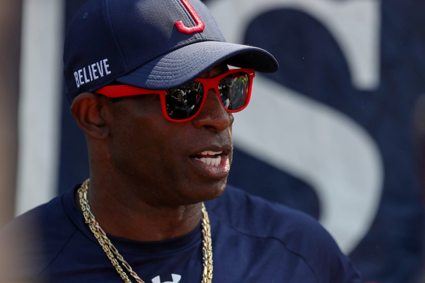 JACKSON, MISSISSIPPI SEPTEMBER 17: Coach Deion Prime Sanders warms up his team before the start of the first home game of the season against conference rival Grambling State University. (Aron Smith/Jackson State University via Getty Images)