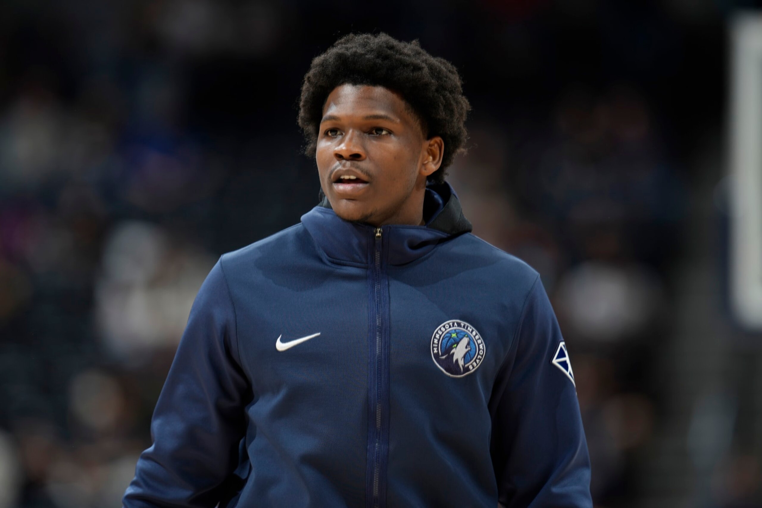 FILE - Minnesota Timberwolves forward Anthony Edwards is shown at an NBA basketball game Friday, April 1, 2022, in Denver. Timberwolves guard Anthony Edwards was fined $40,000 by the NBA on Tuesday, Sept. 20, 2022, for homophobic comments he made on social media.(AP Photo/David Zalubowski, File)