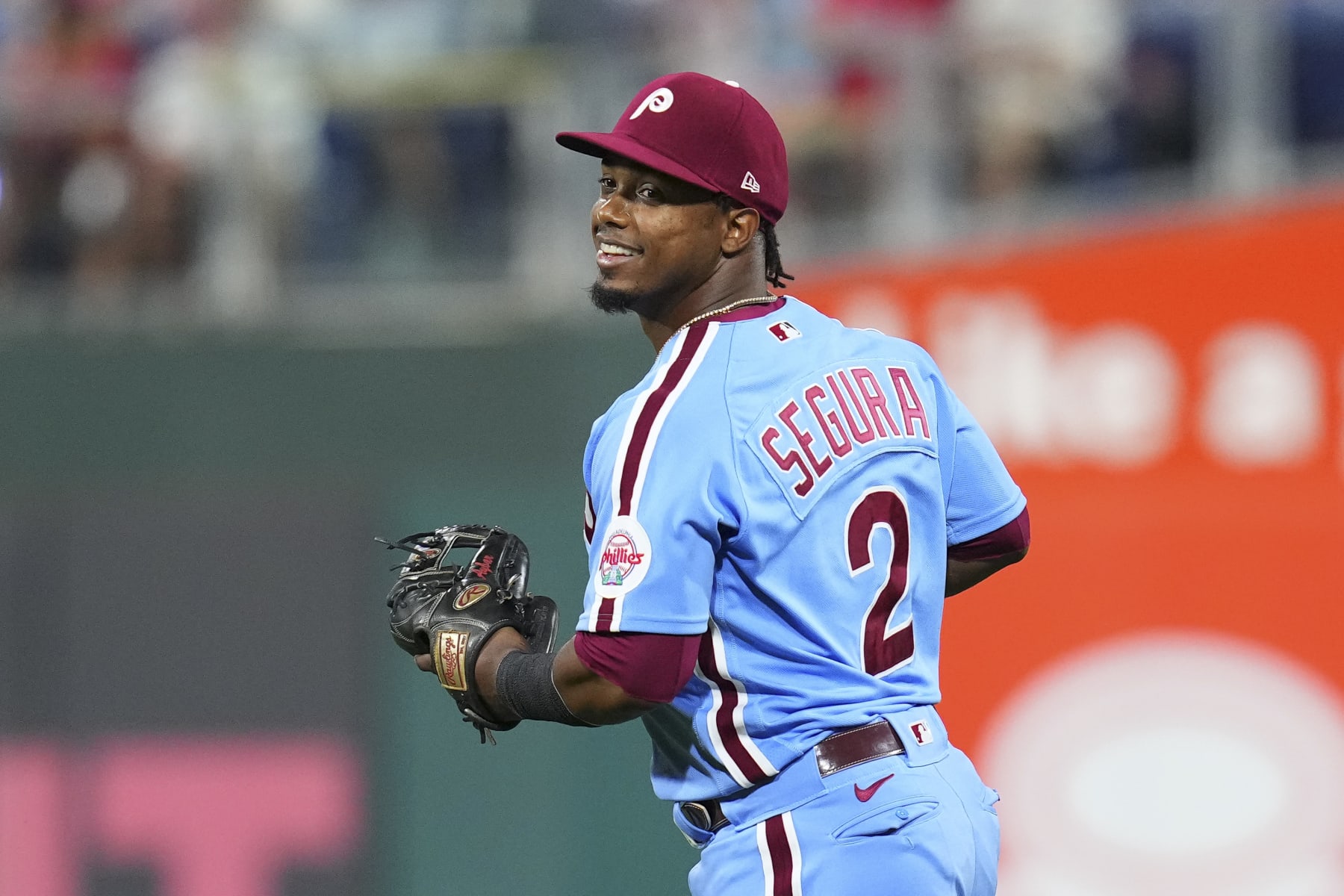 PHILADELPHIA, PA - SEPTEMBER 08: Jean Segura #2 of the Philadelphia Phillies smiles against the Miami Marlins at Citizens Bank Park on September 8, 2022 in Philadelphia, Pennsylvania. The Marlins defeated the Phillies 6-5. (Photo by Mitchell Leff/Getty Images)