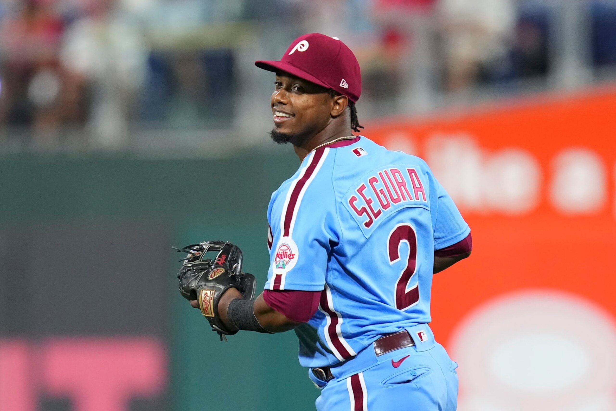 PHILADELPHIA, PA - SEPTEMBER 08: Jean Segura #2 of the Philadelphia Phillies smiles against the Miami Marlins at Citizens Bank Park on September 8, 2022 in Philadelphia, Pennsylvania. The Marlins defeated the Phillies 6-5. (Photo by Mitchell Leff/Getty Images)