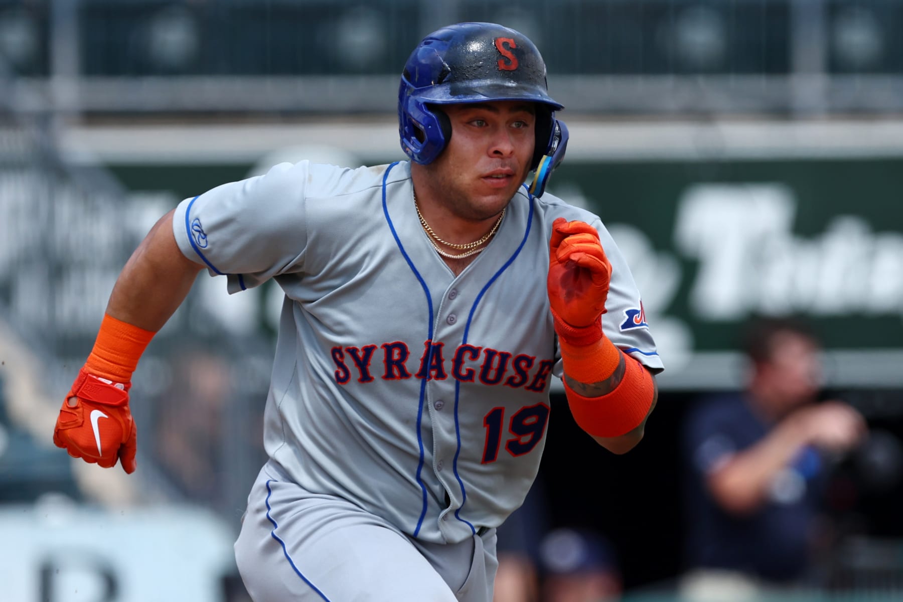 ALLENTOWN, PA - AUGUST 02: Francisco Alvarez #19 of the Syracuse Mets in action during a game against the Lehigh Valley IronPigs at Coca-Cola Park on August 2, 2022 in Allentown, Pennsylvania. Alvarez is the number one ranked prospect in the New York Mets organization. (Photo by Rich Schultz/Getty Images)