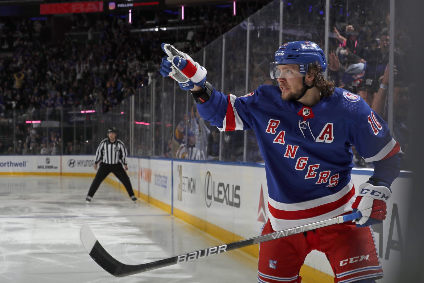 NEW YORK, NY - JUNE 01: Artemi Panarin #10 of the New York Rangers reacts after scoring a goal during the third period in Game One of the Eastern Conference Final of the 2022 Stanley Cup Playoffs against the Tampa Bay Lightning at Madison Square Garden on June 1, 2022 in New York City. (Photo by Jared Silber/NHLI via Getty Images)